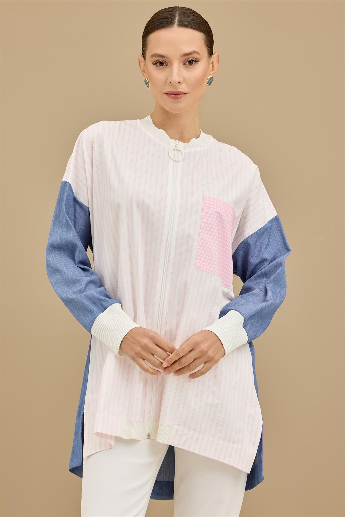 Önden Fermuarlı Çizgi Poplin Denim Mix Hırka MAVİ