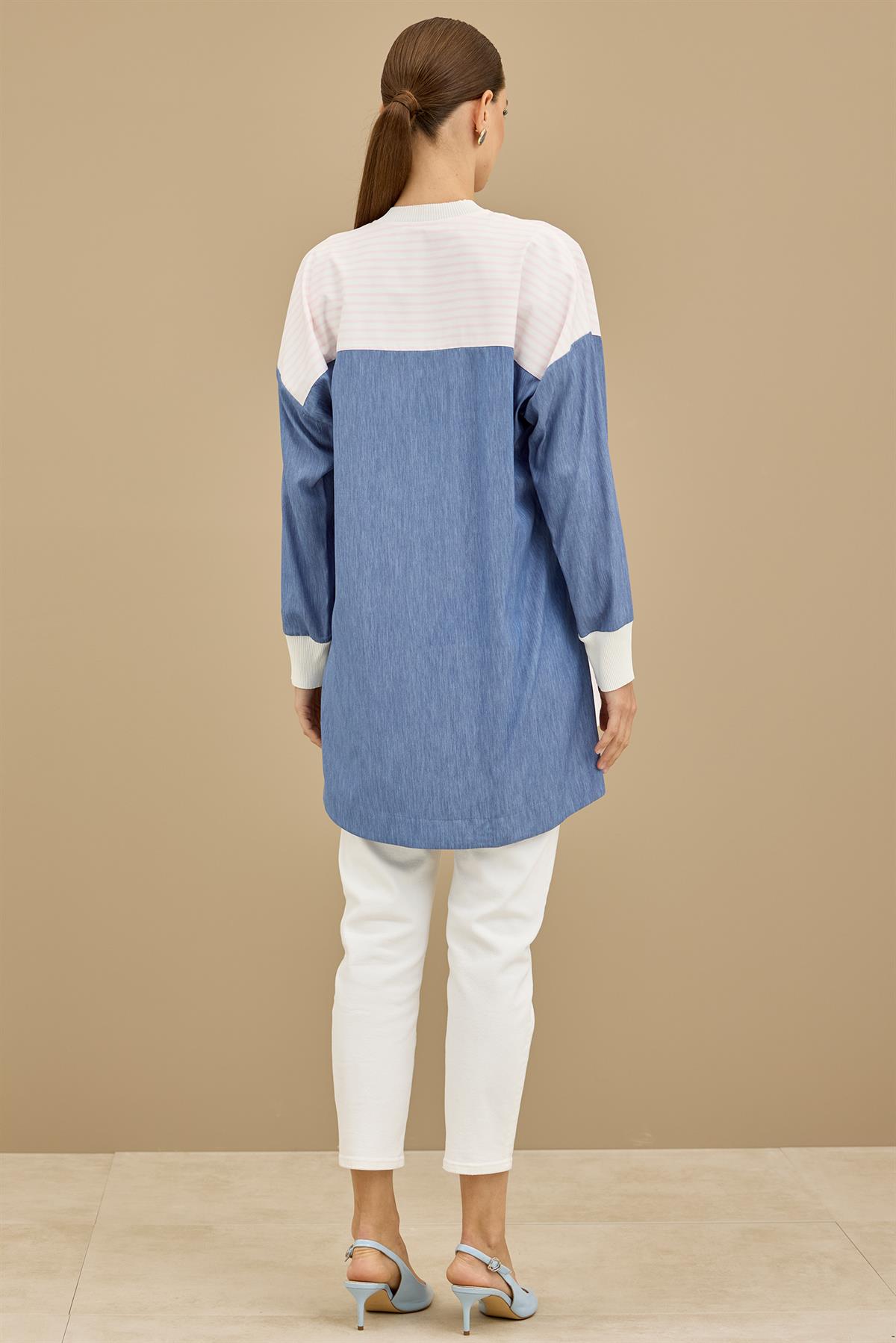 Önden Fermuarlı Çizgi Poplin Denim Mix Hırka MAVİ
