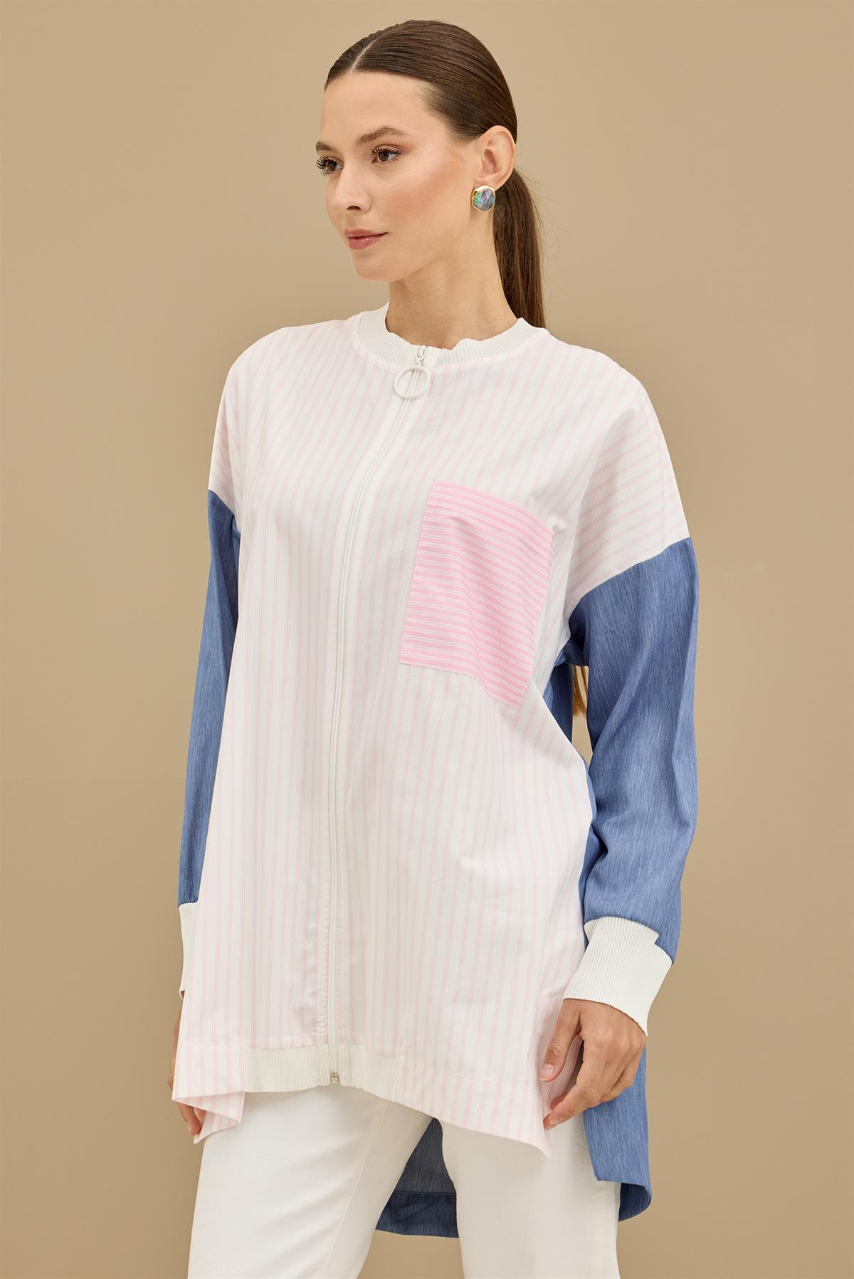 Önden Fermuarlı Çizgi Poplin Denim Mix Hırka MAVİ