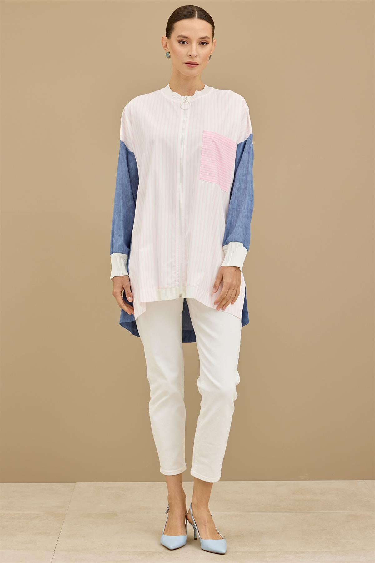Önden Fermuarlı Çizgi Poplin Denim Mix Hırka MAVİ