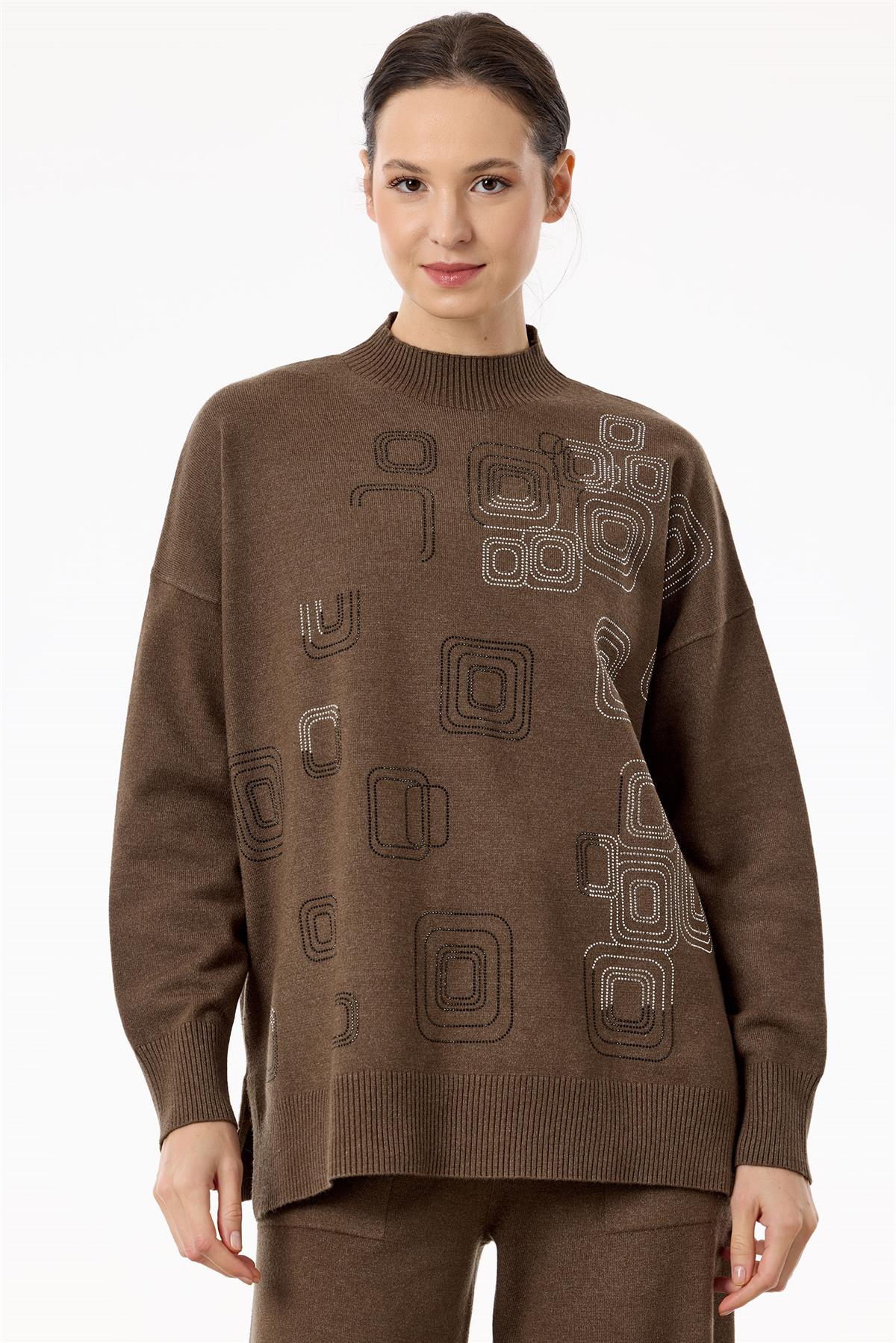 Önü Geometrik Payetli Pantolonlu Triko Takım KAHVE