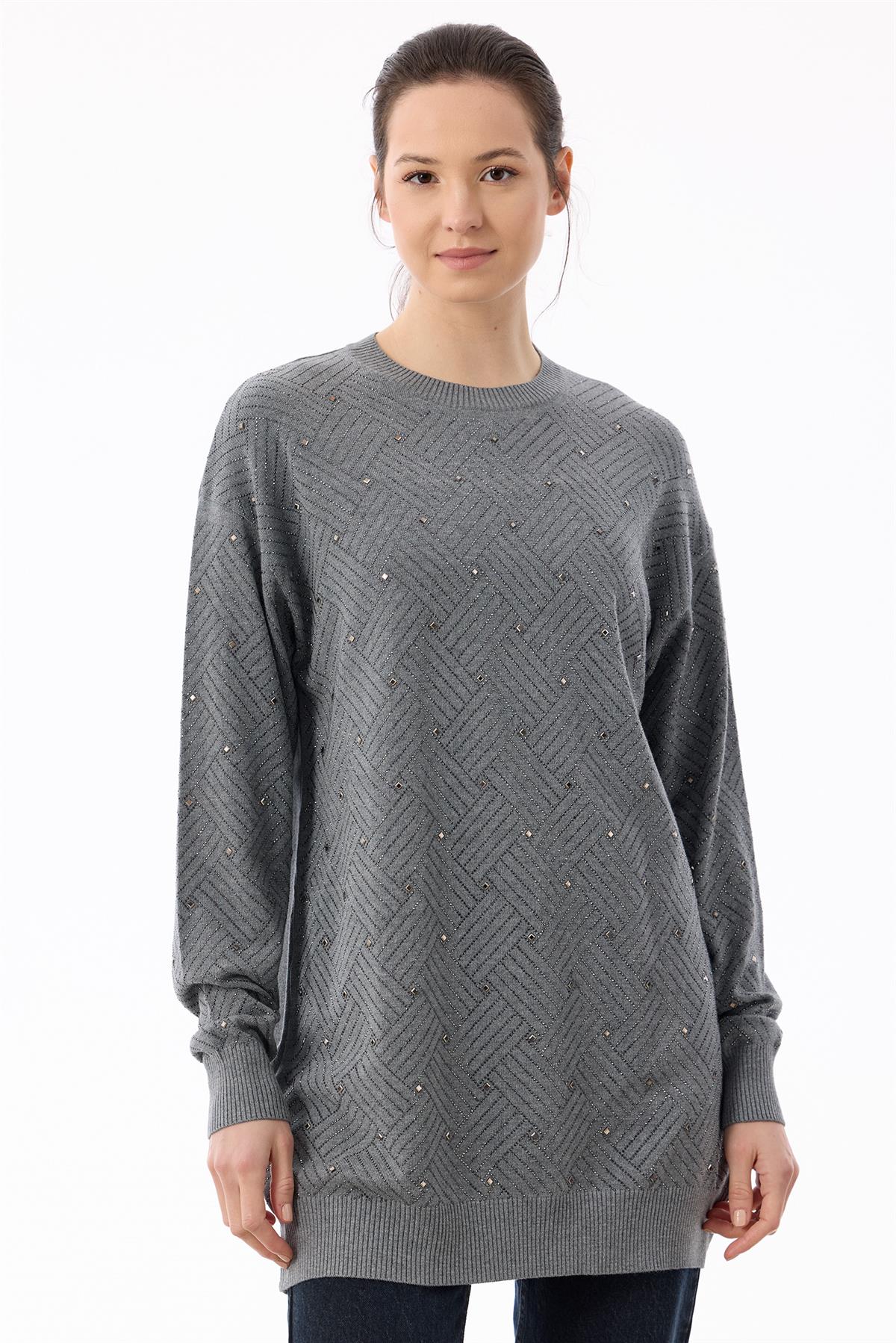 Önü Kafes Taş Baskılı Tunik GRİMELANJ