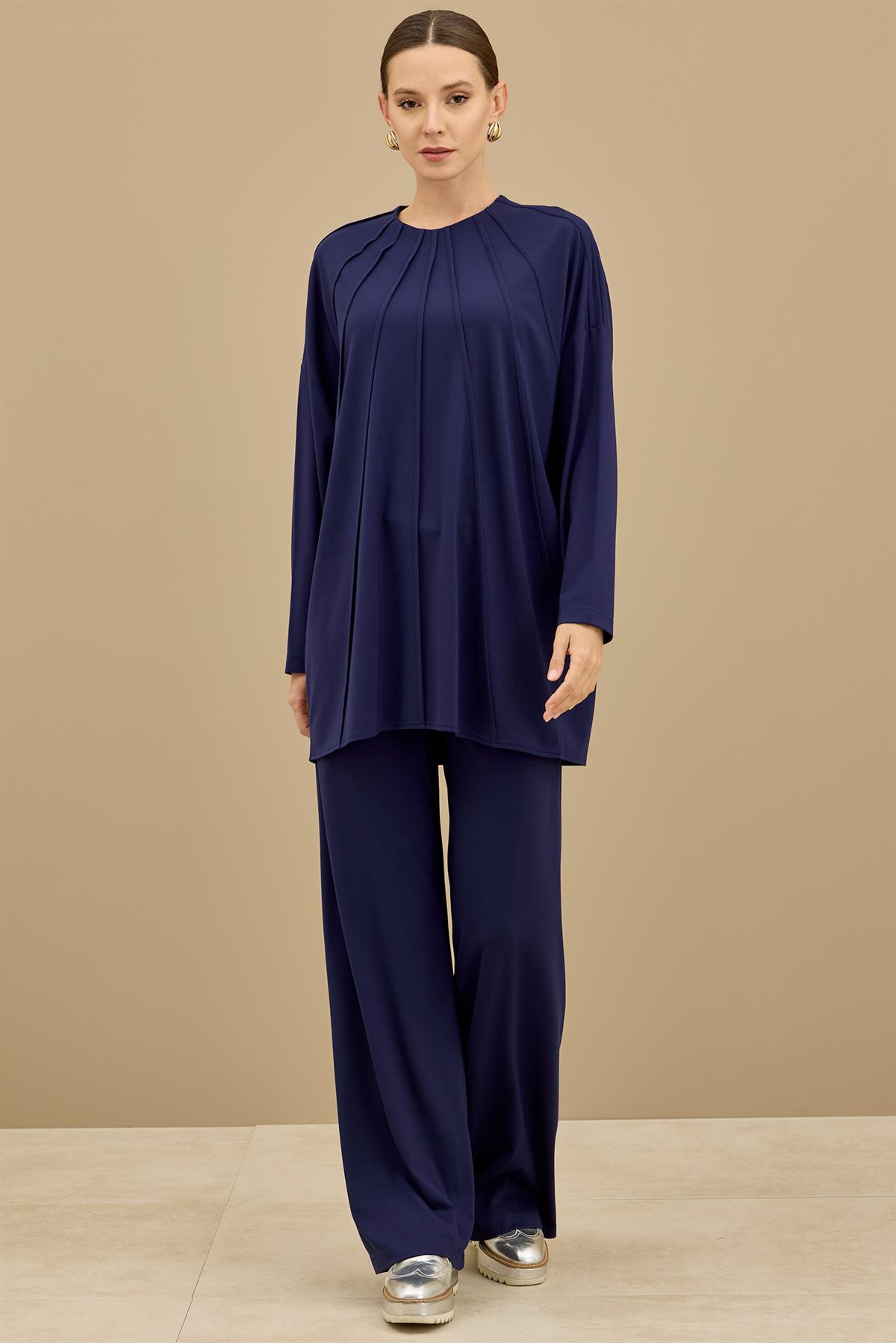 Önü Komple Nervürlü Yanı Dikişsiz Pantolon Takım LACİVERT