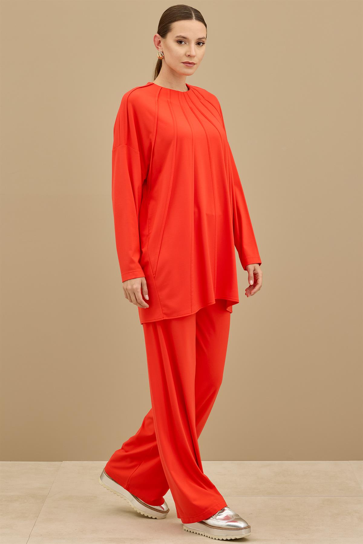 Önü Komple Nervürlü Yanı Dikişsiz Pantolon Takım KIRMIZI