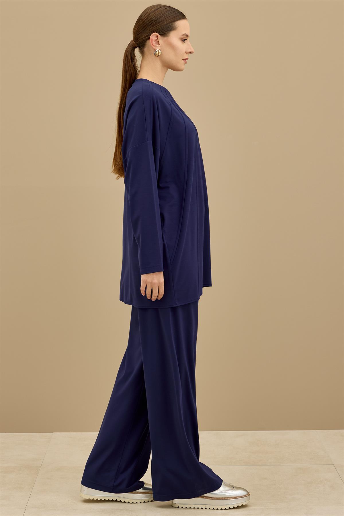 Önü Komple Nervürlü Yanı Dikişsiz Pantolon Takım LACİVERT