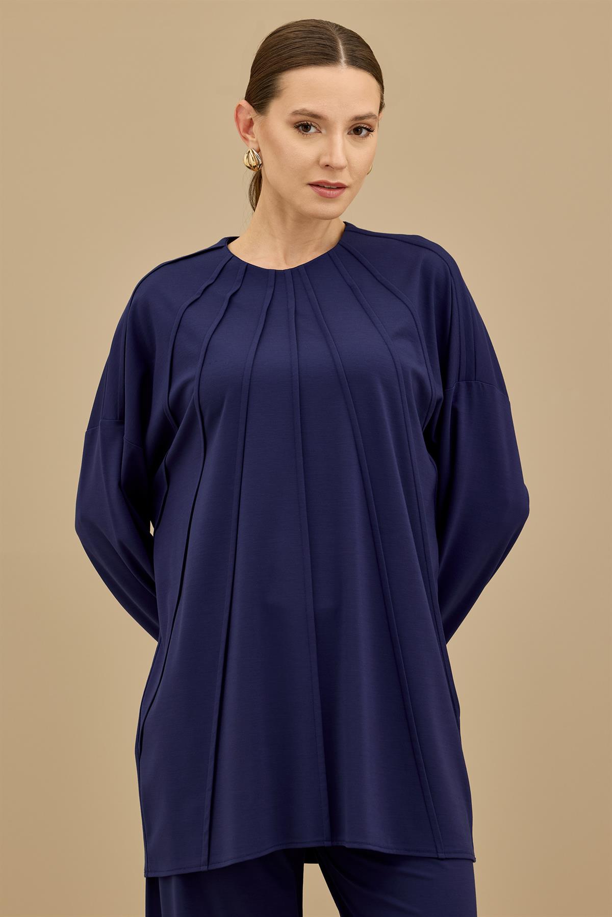 Önü Komple Nervürlü Yanı Dikişsiz Pantolon Takım LACİVERT