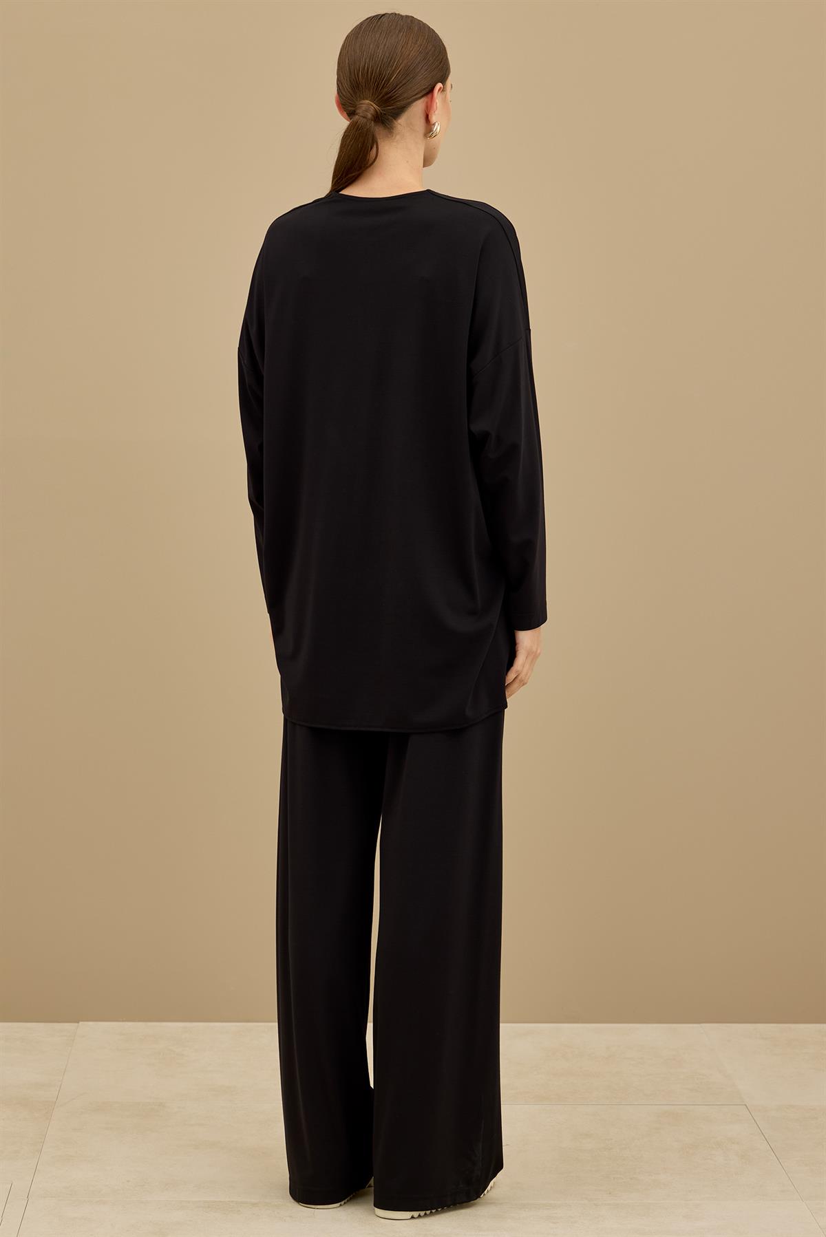 Önü Komple Nervürlü Yanı Dikişsiz Pantolon Takım SİYAH