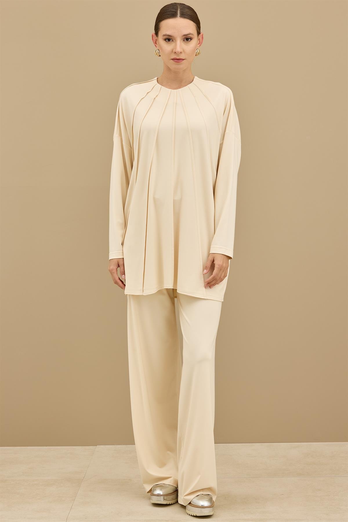 Önü Komple Nervürlü Yanı Dikişsiz Pantolon Takım BEJ