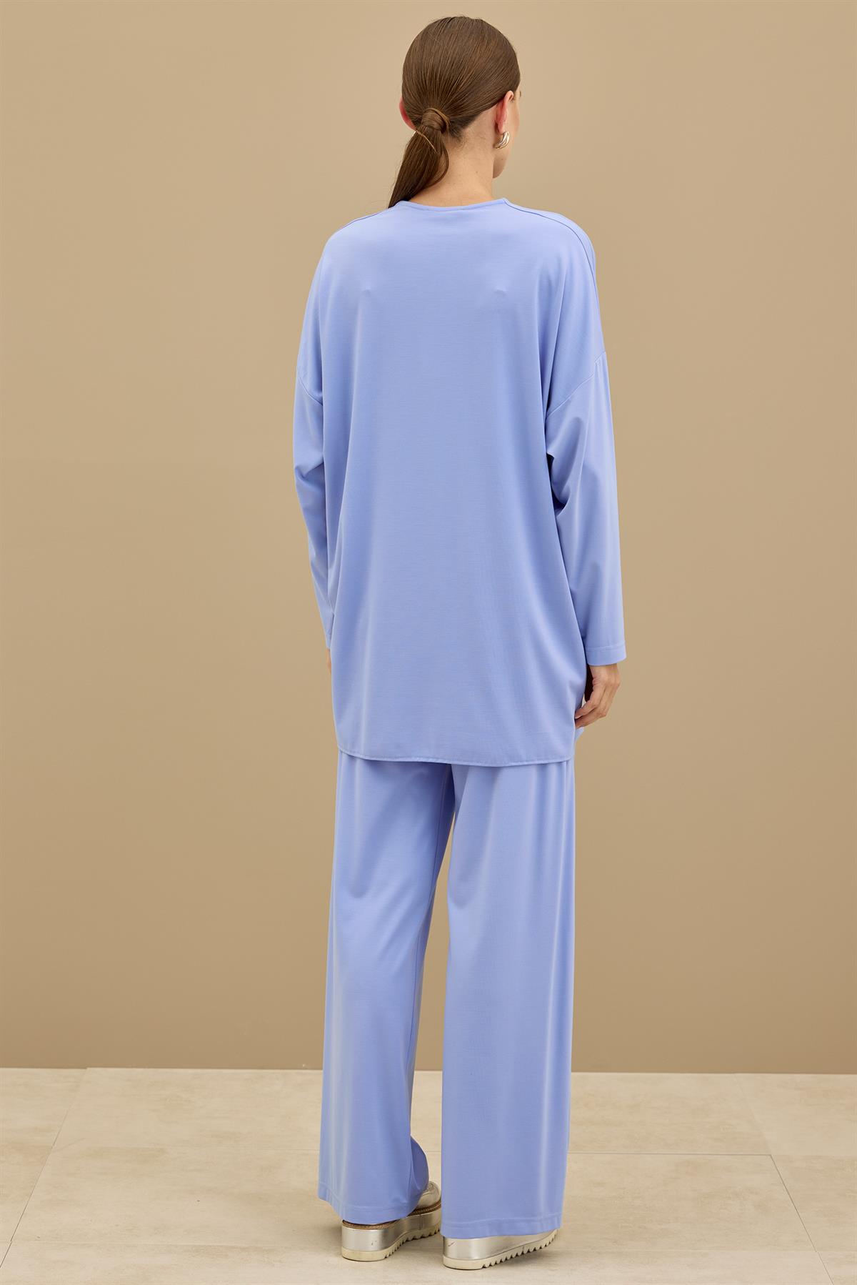 Önü Komple Nervürlü Yanı Dikişsiz Pantolon Takım MAVİ