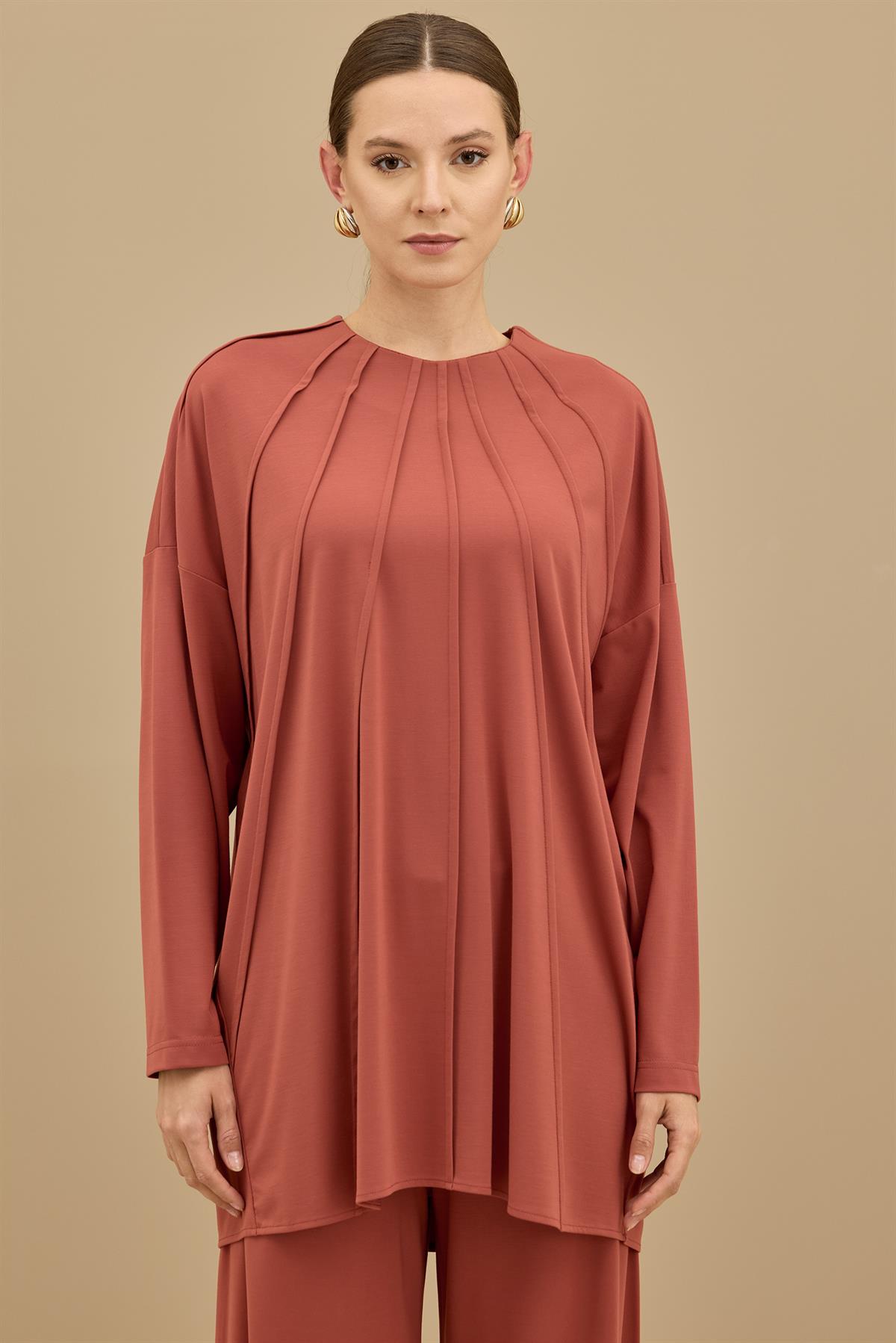 Önü Komple Nervürlü Yanı Dikişsiz Pantolon Takım KİREMİT