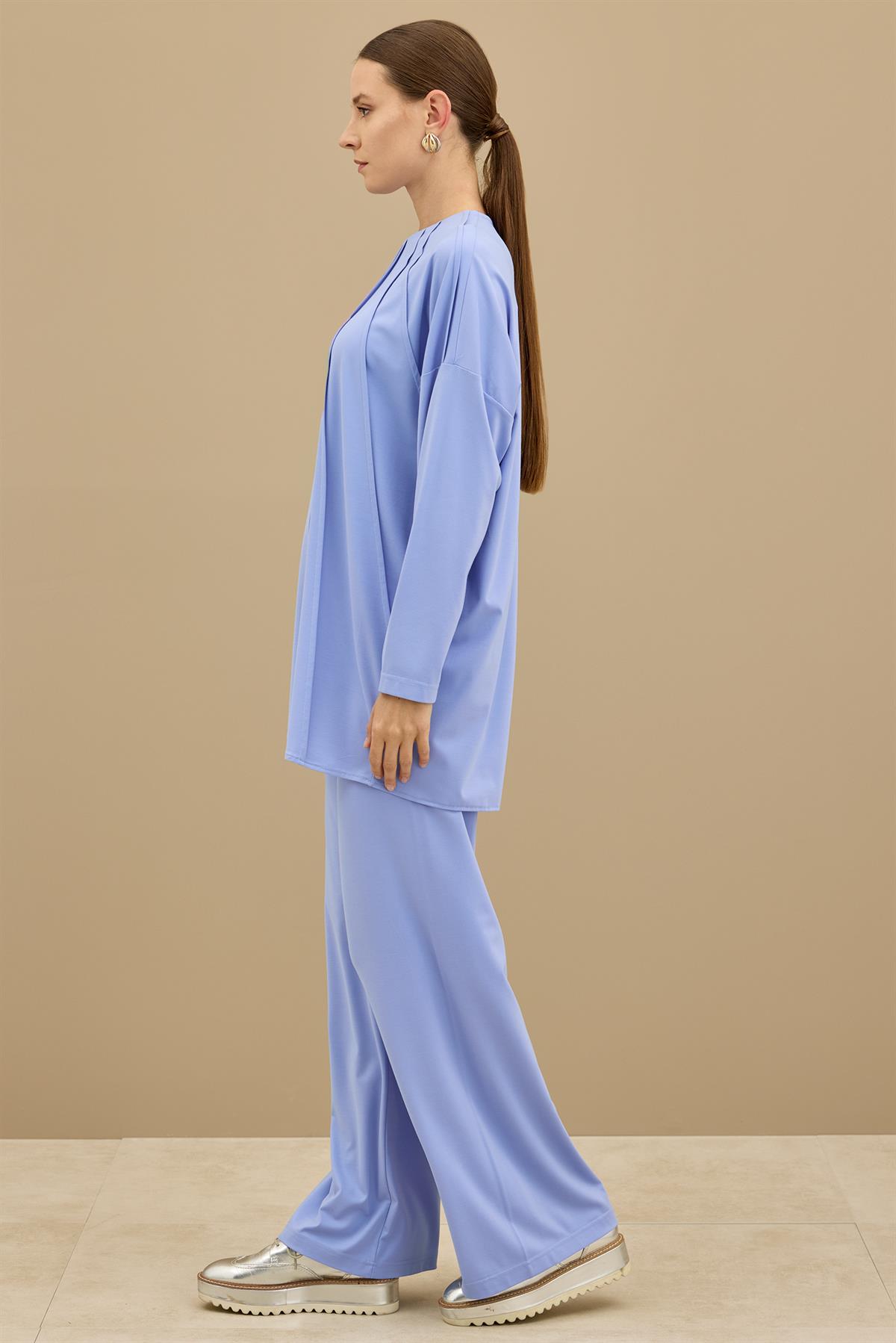 Önü Komple Nervürlü Yanı Dikişsiz Pantolon Takım MAVİ