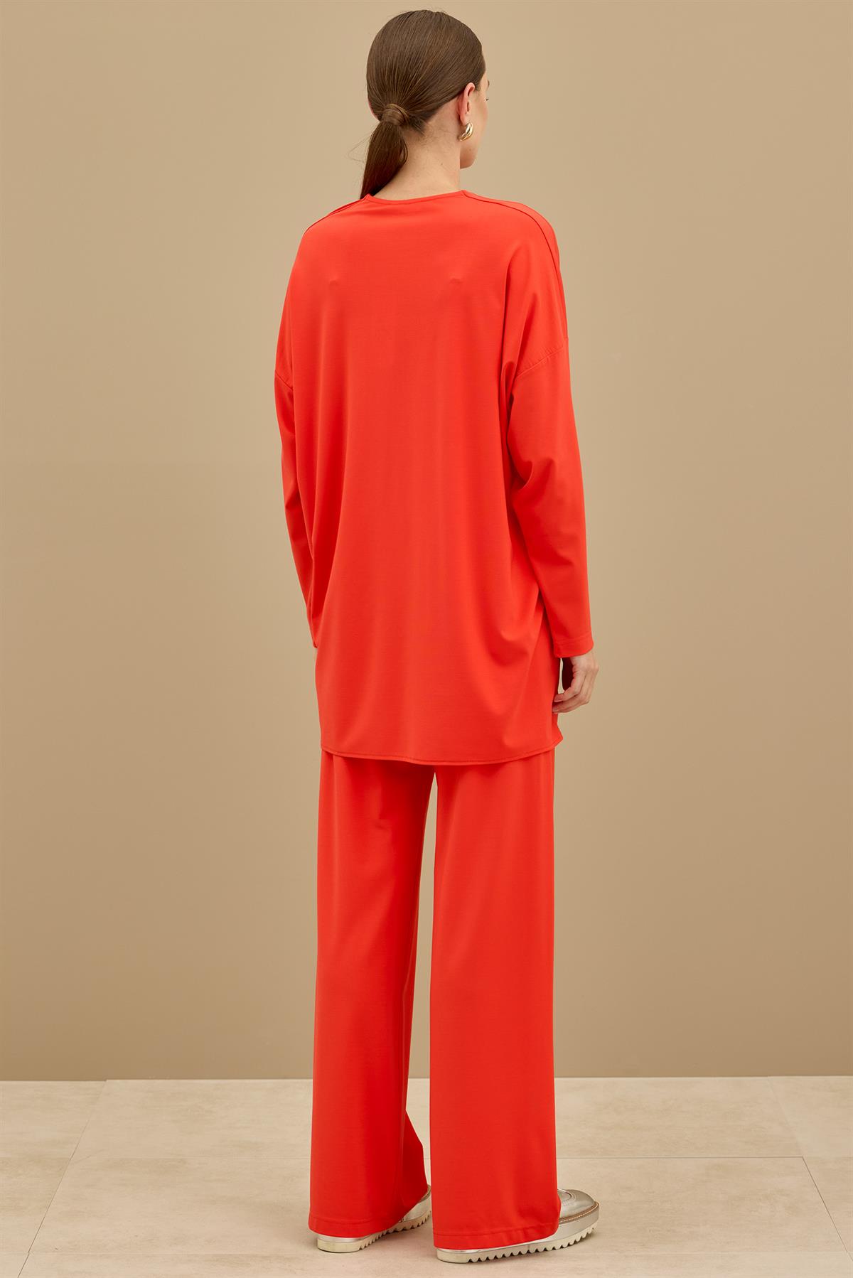 Önü Komple Nervürlü Yanı Dikişsiz Pantolon Takım KIRMIZI