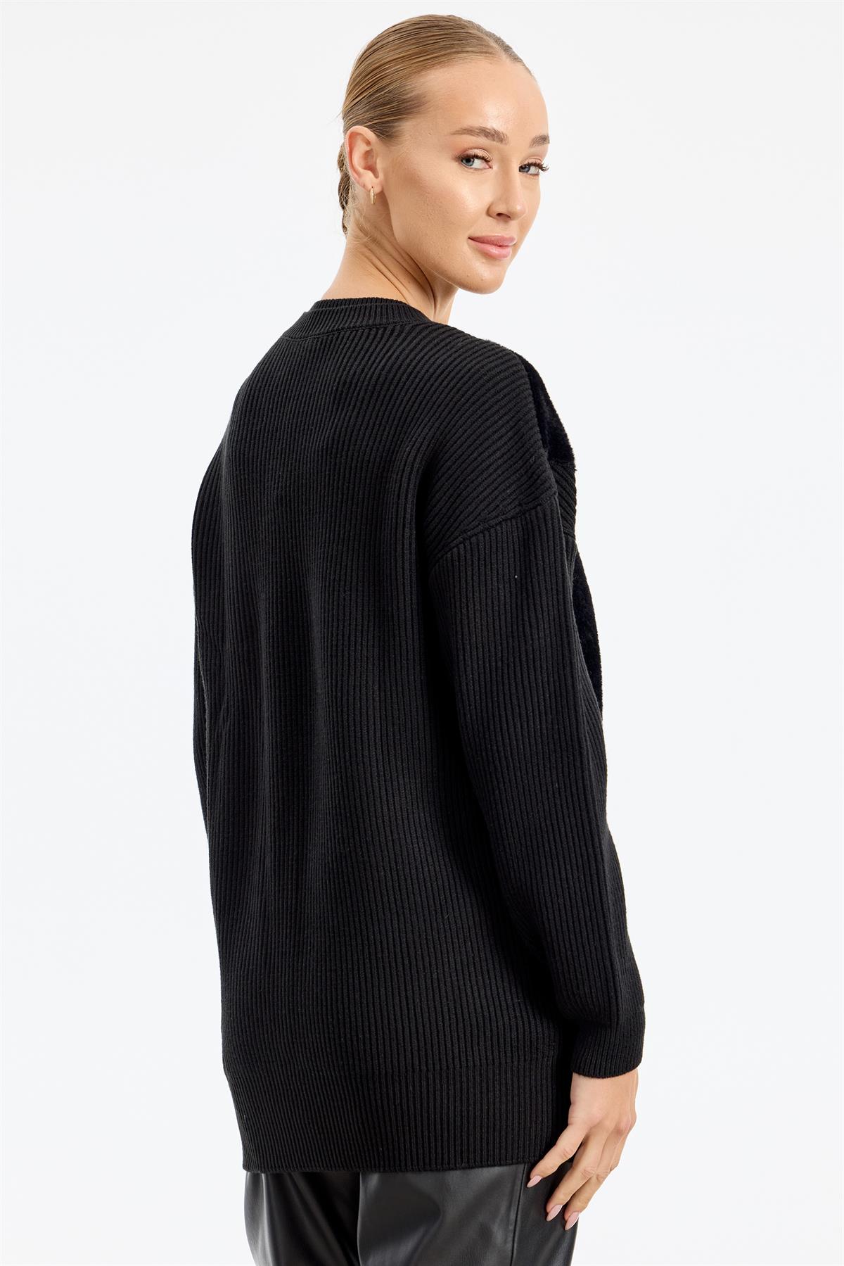 Önü Kumaş Kombinli Tunik SİYAH