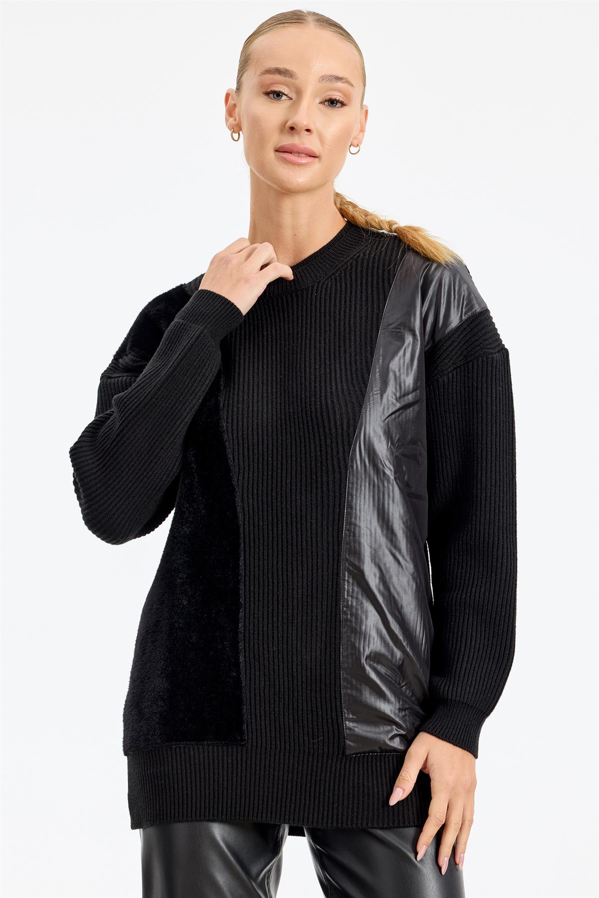 Önü Kumaş Kombinli Tunik SİYAH