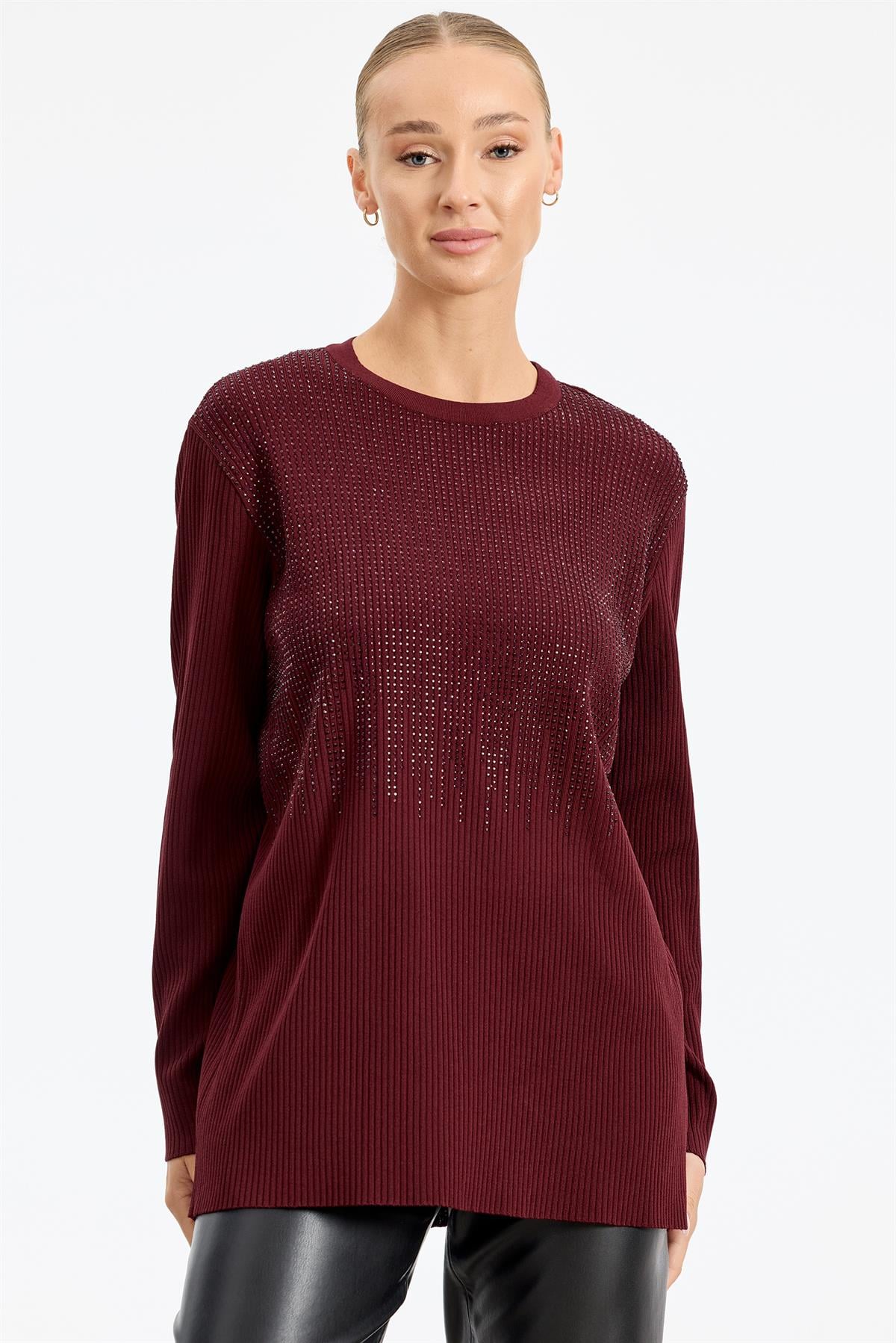 Önü Taş Baskı Rayon Tunik BORDO