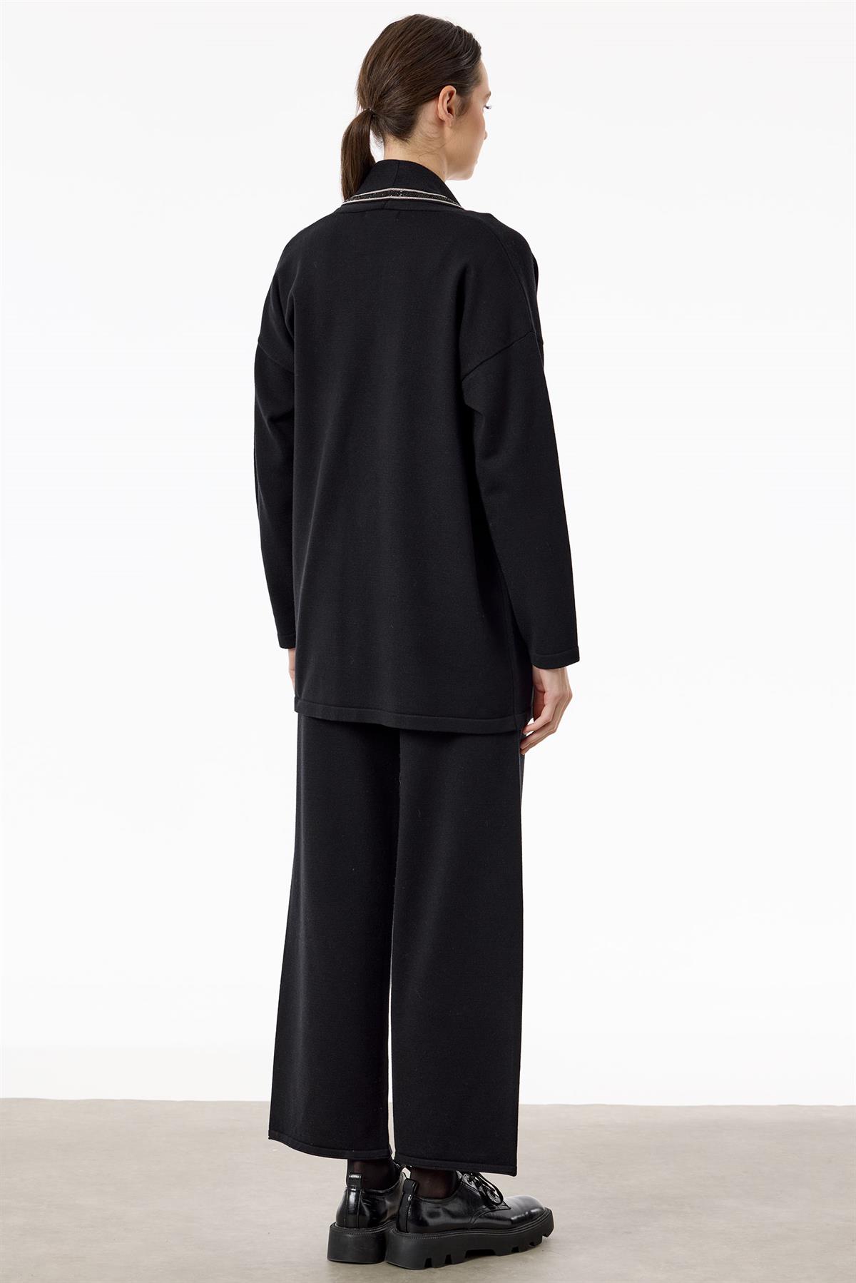 Önü Taş Şeritli 3lü Triko Takım SİYAH