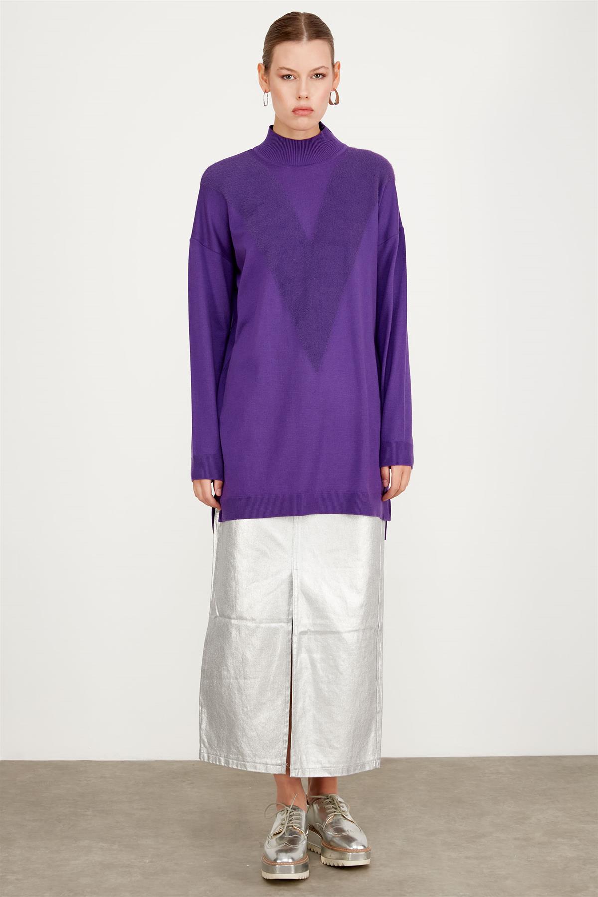 ÖNÜ V MİNK DETAYLI TRİKO TUNİK MOR