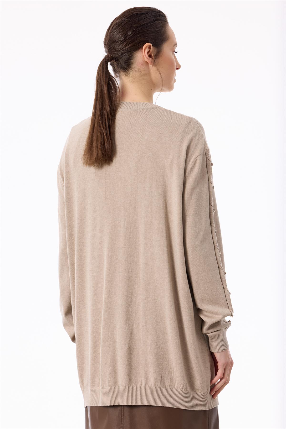 Örgü Detaylı Taşlı Triko Tunik BEJ