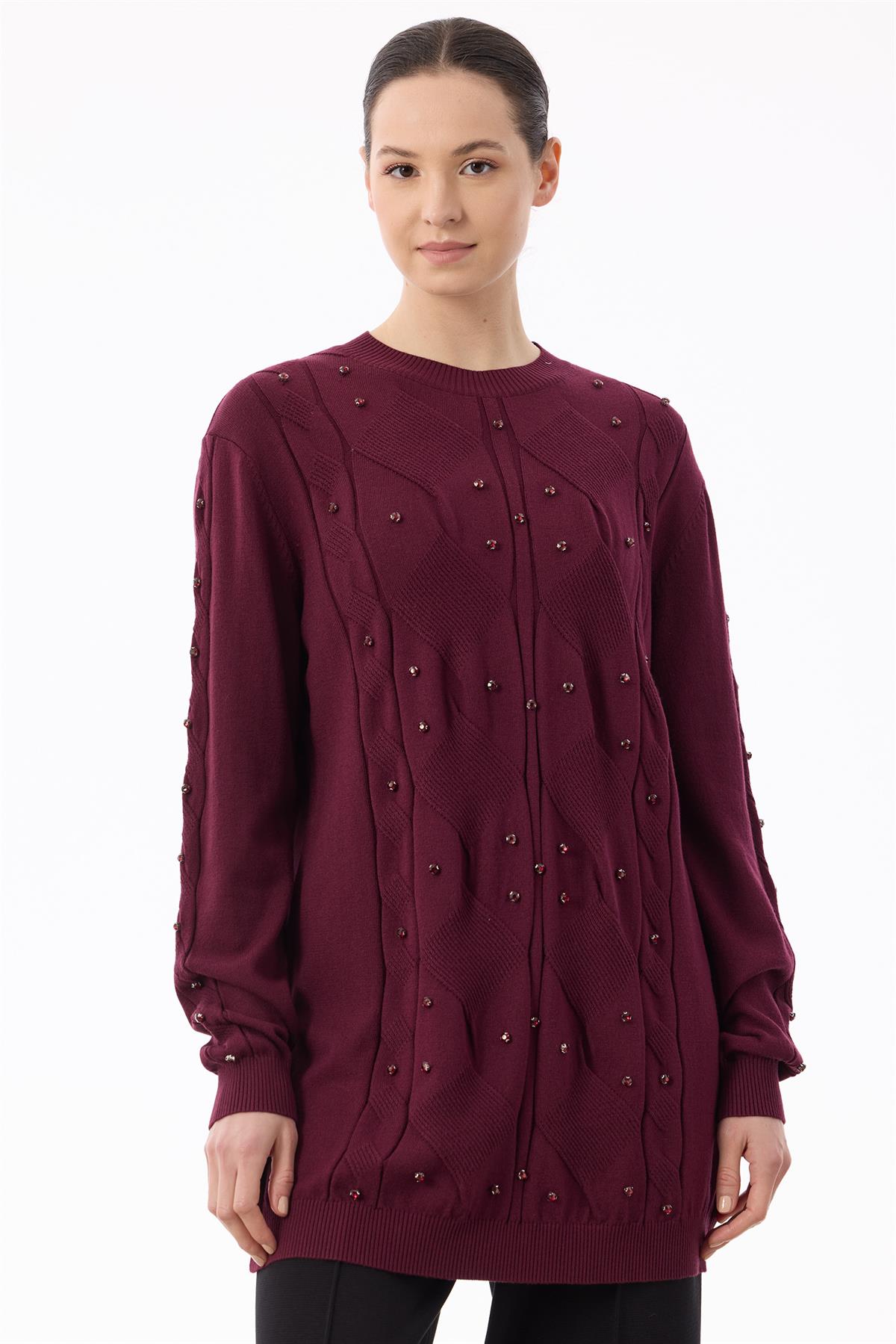 Örgü Detaylı Taşlı Triko Tunik BORDO