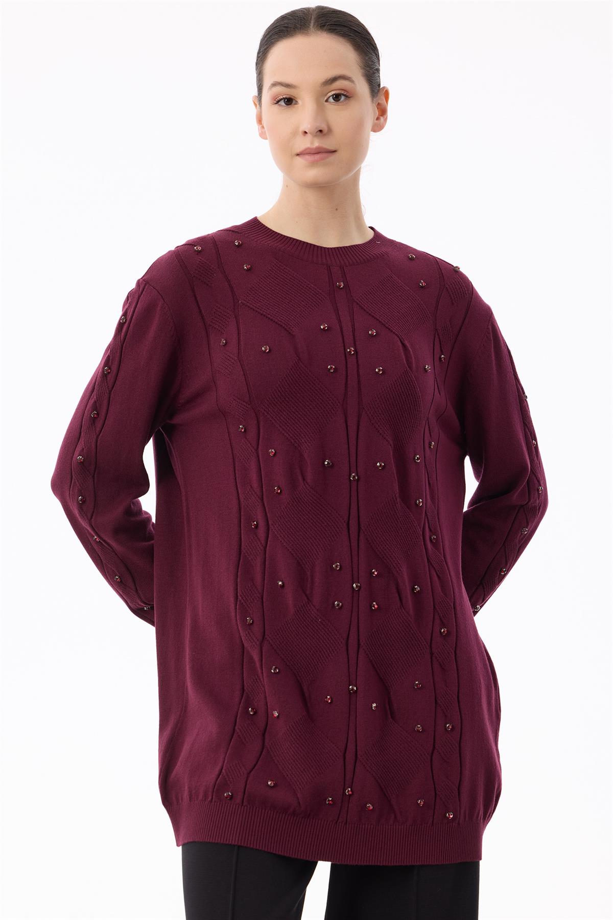 Örgü Detaylı Taşlı Triko Tunik BORDO