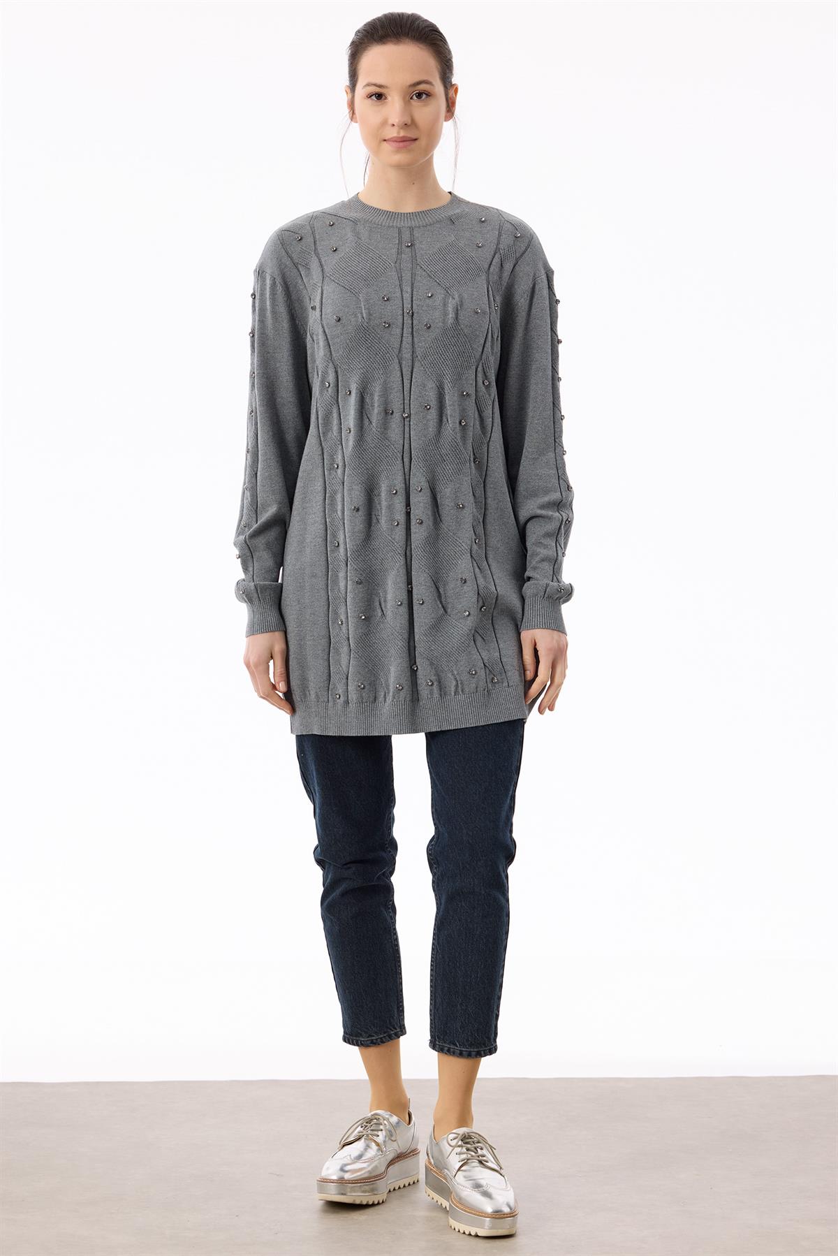 Örgü Detaylı Taşlı Triko Tunik GRİ
