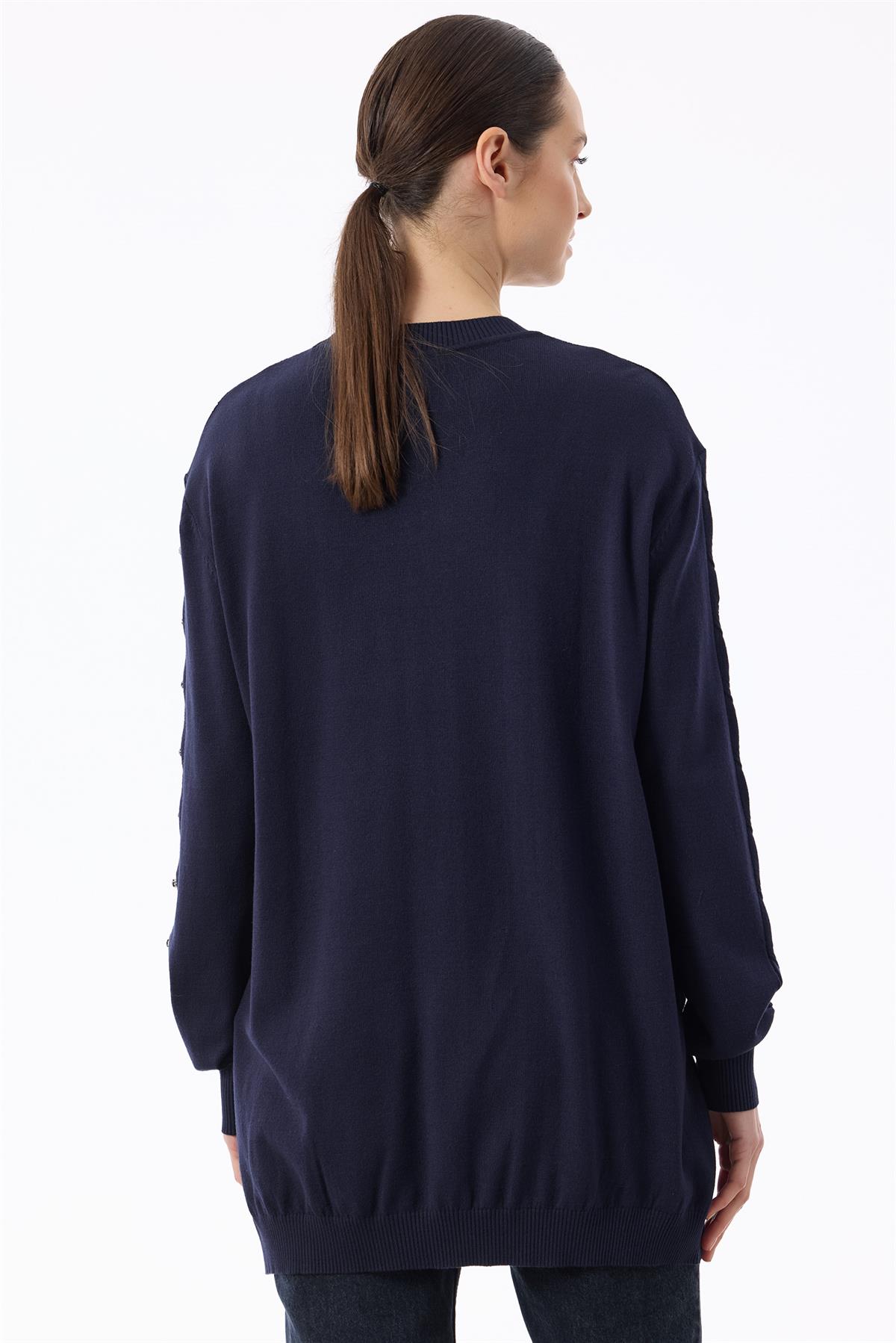 Örgü Detaylı Taşlı Triko Tunik LACİVERT