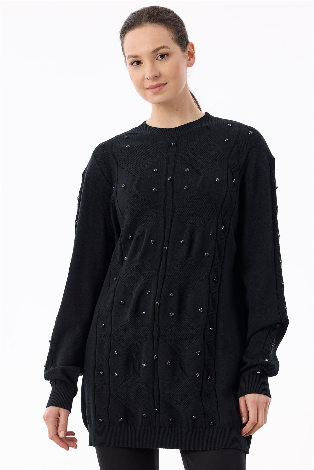 Örgü Detaylı Taşlı Triko Tunik SİYAH