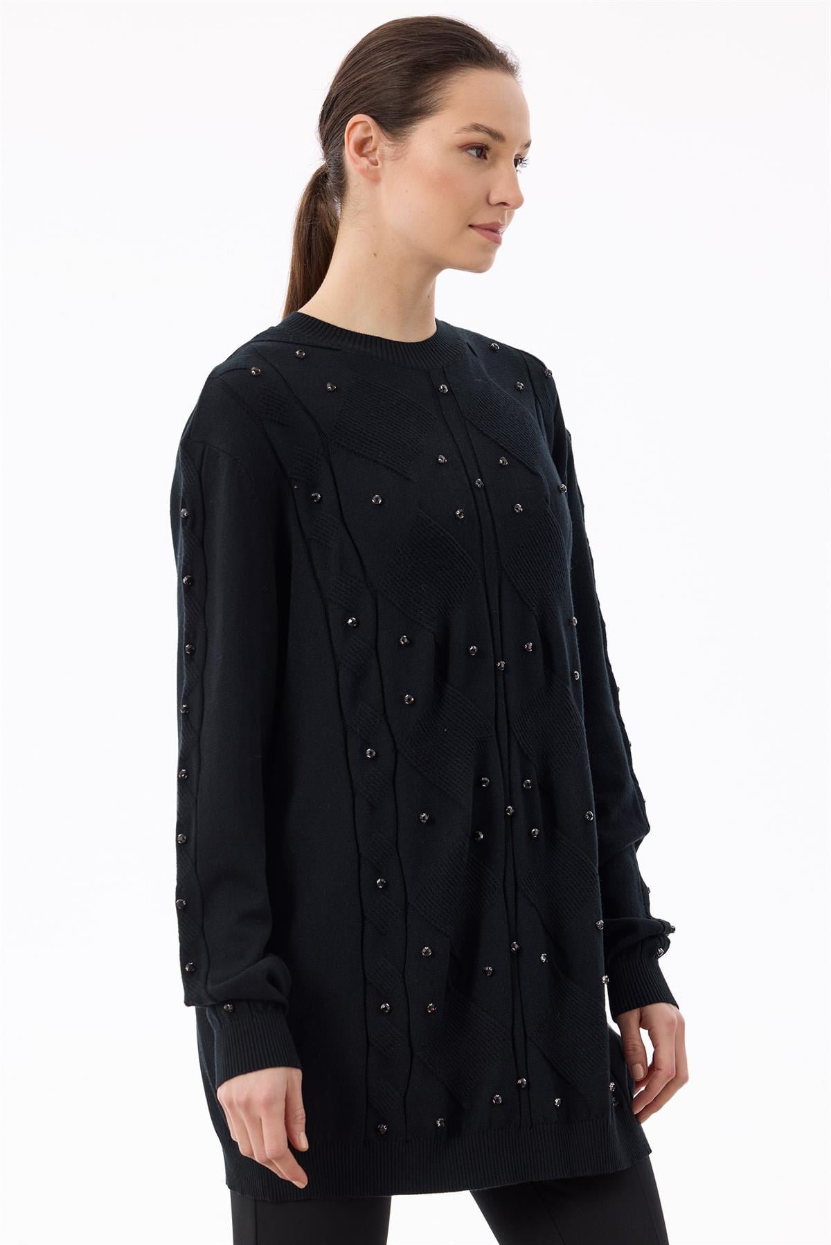 Örgü Detaylı Taşlı Triko Tunik SİYAH