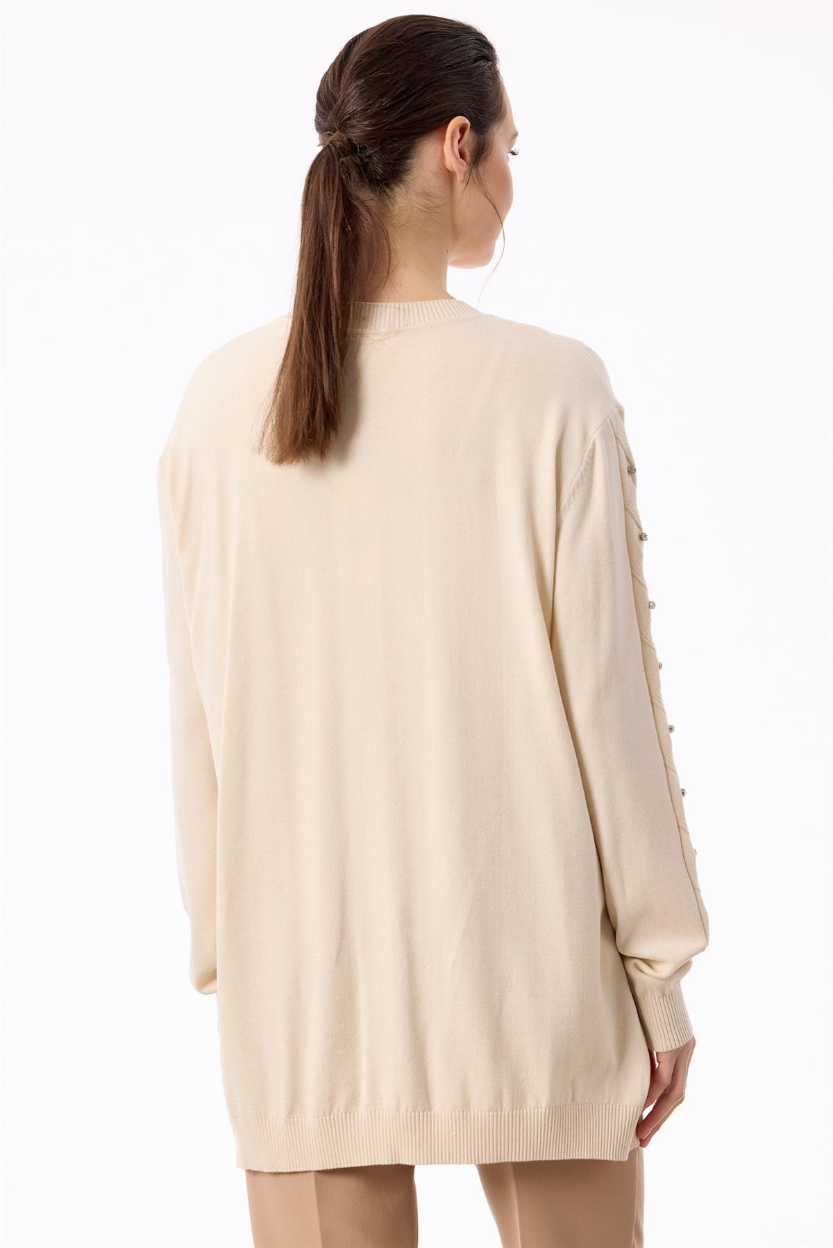 Örgü Detaylı Taşlı Triko Tunik VANİLYA