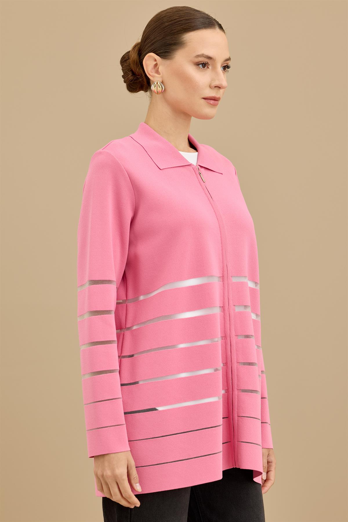 Örgü Detaylı Triko Rayon  Hırka PEMBE
