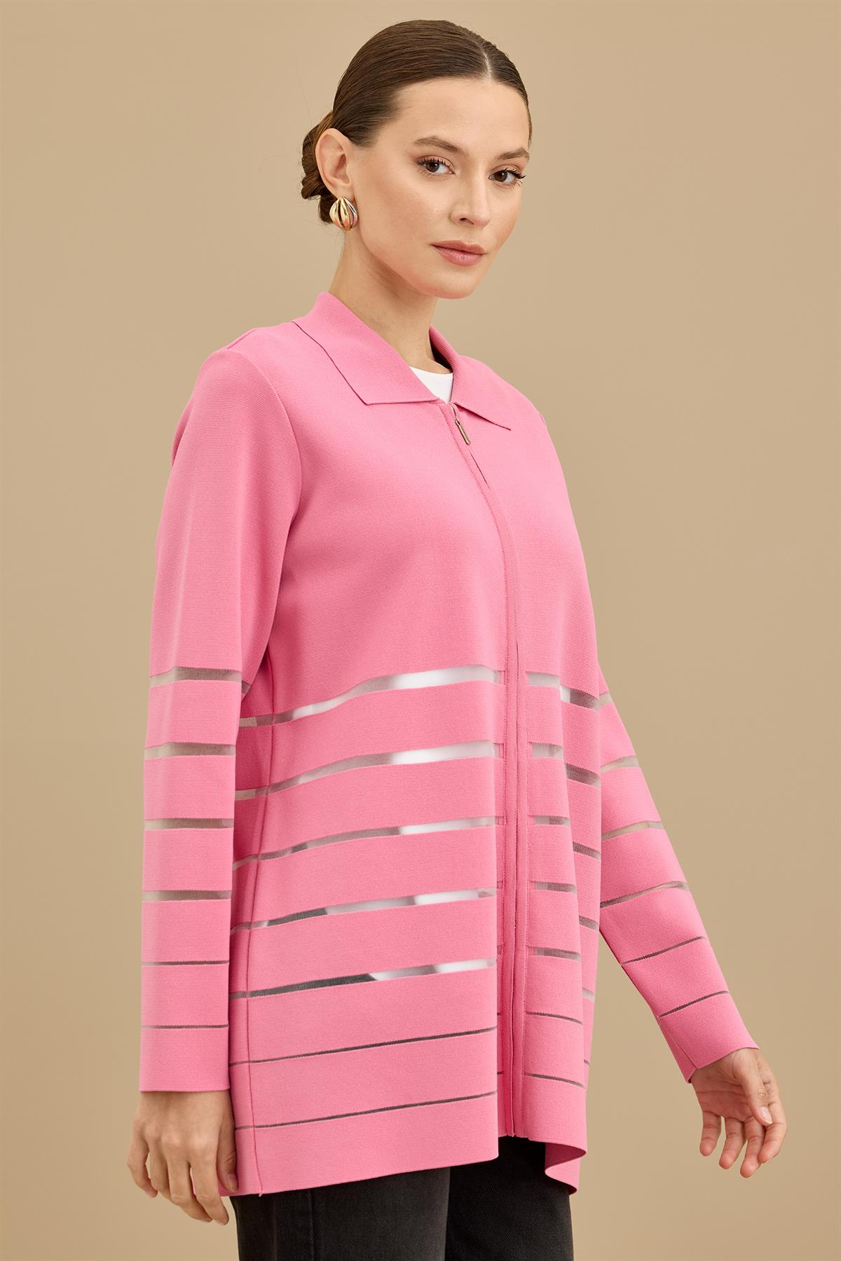 Örgü Detaylı Triko Rayon  Hırka PEMBE