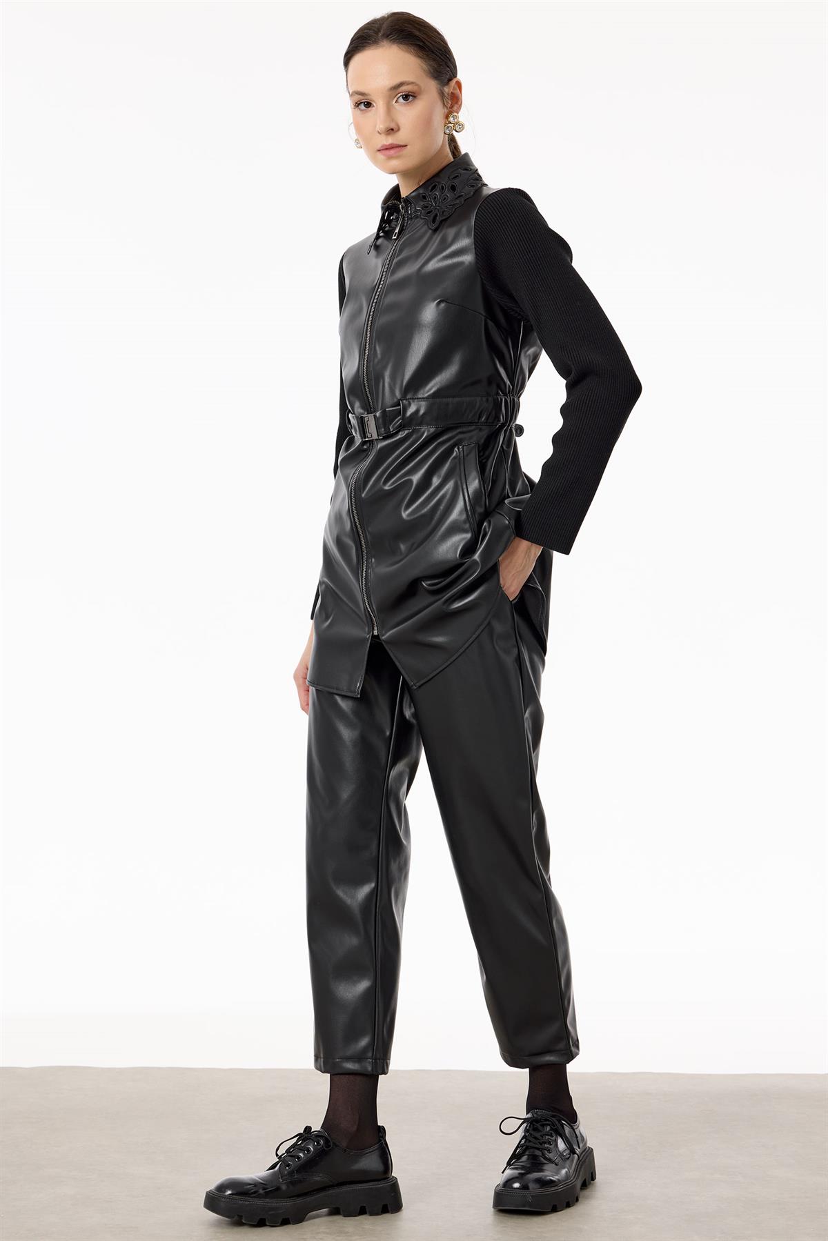 Paça Ve Yakası Nakışlı Deri Takım SİYAH