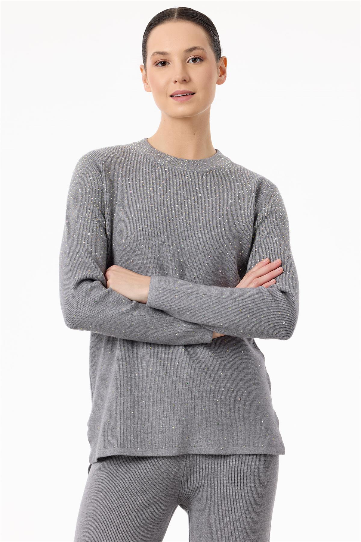 Paçası Taşlı Triko Takım GRİ