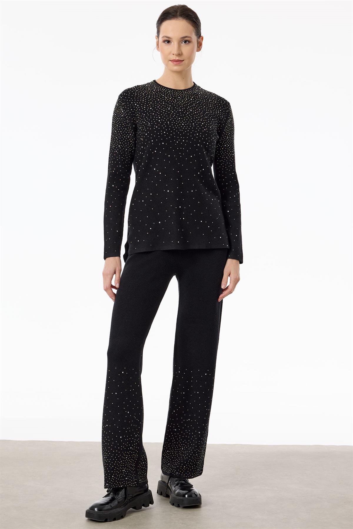 Paçası Taşlı Triko Takım SİYAH