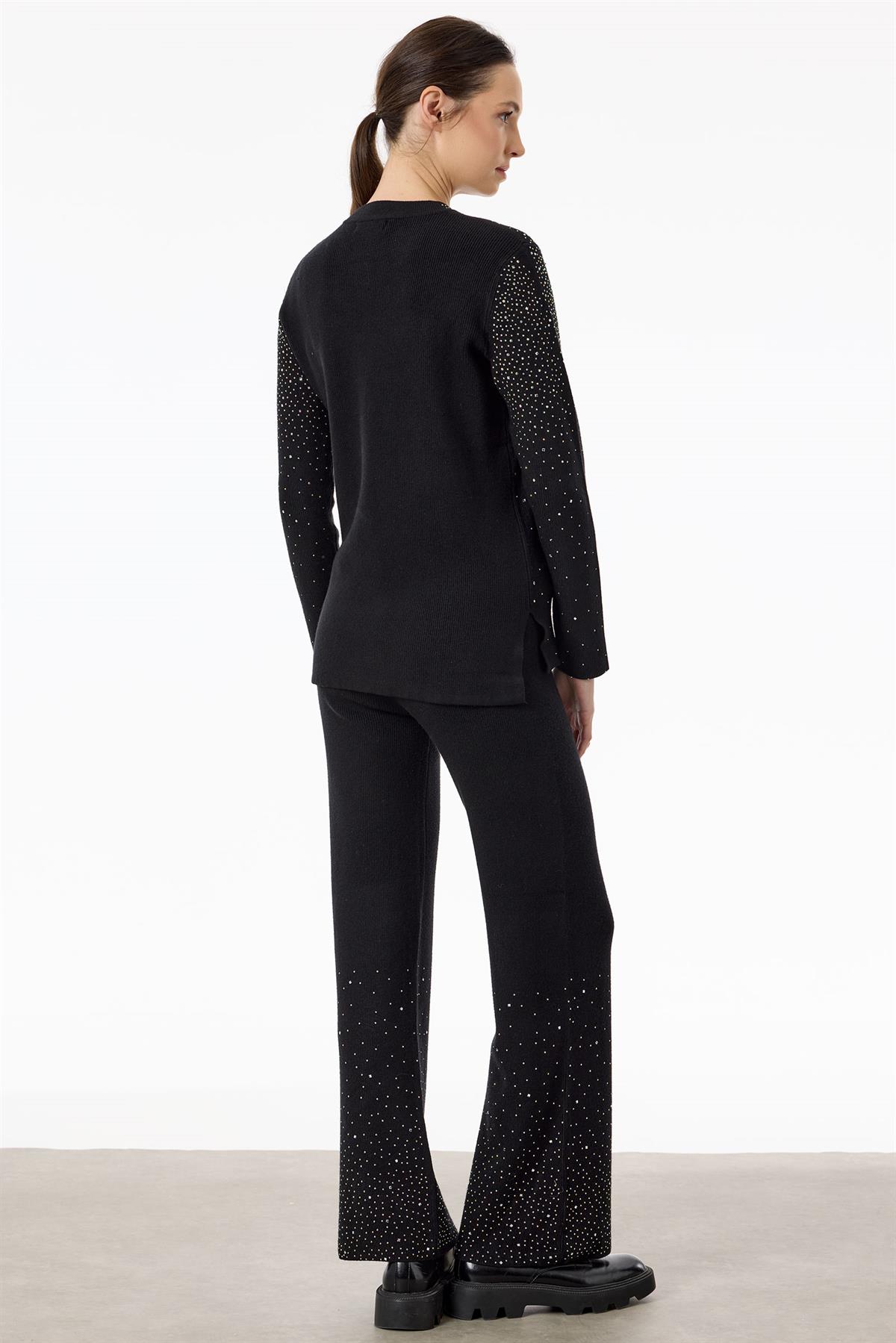 Paçası Taşlı Triko Takım SİYAH