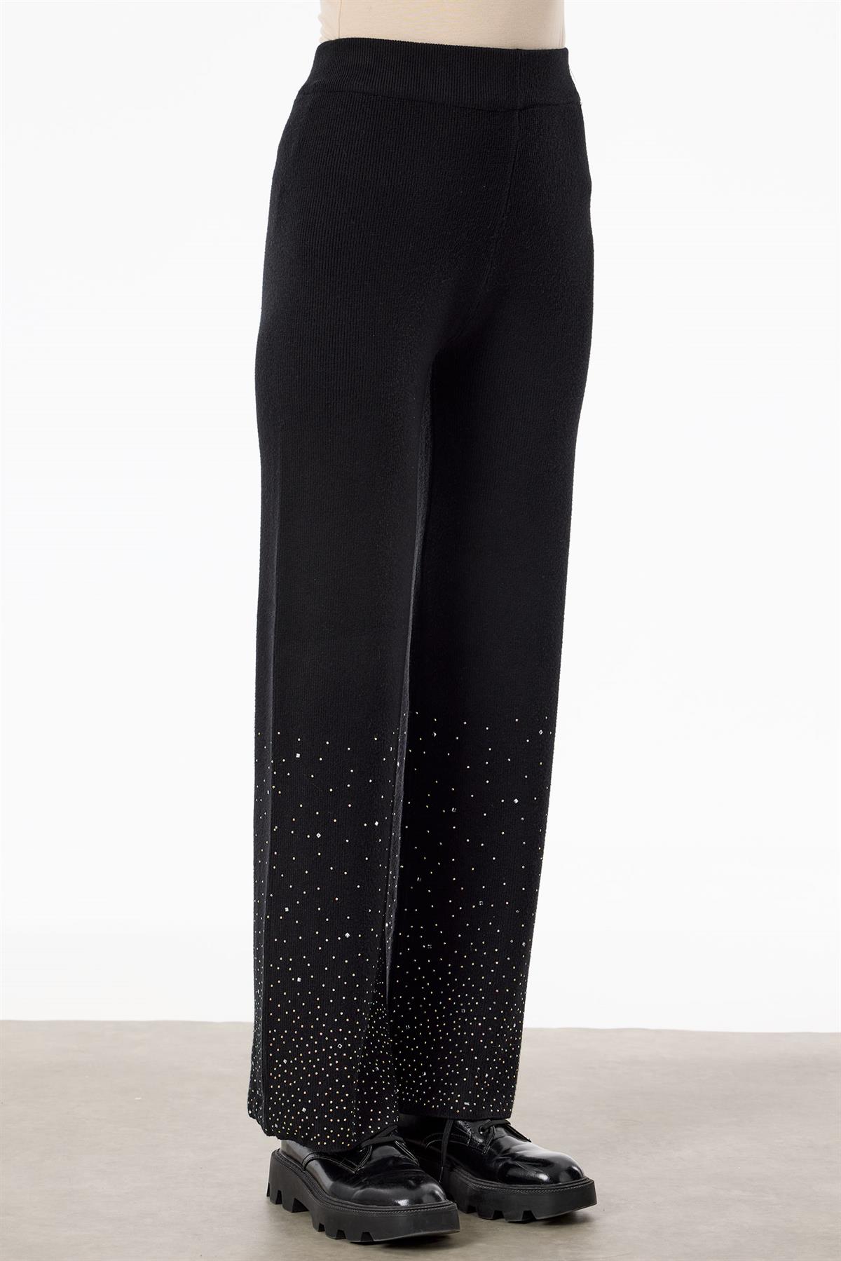 Paçası Taşlı Triko Takım SİYAH