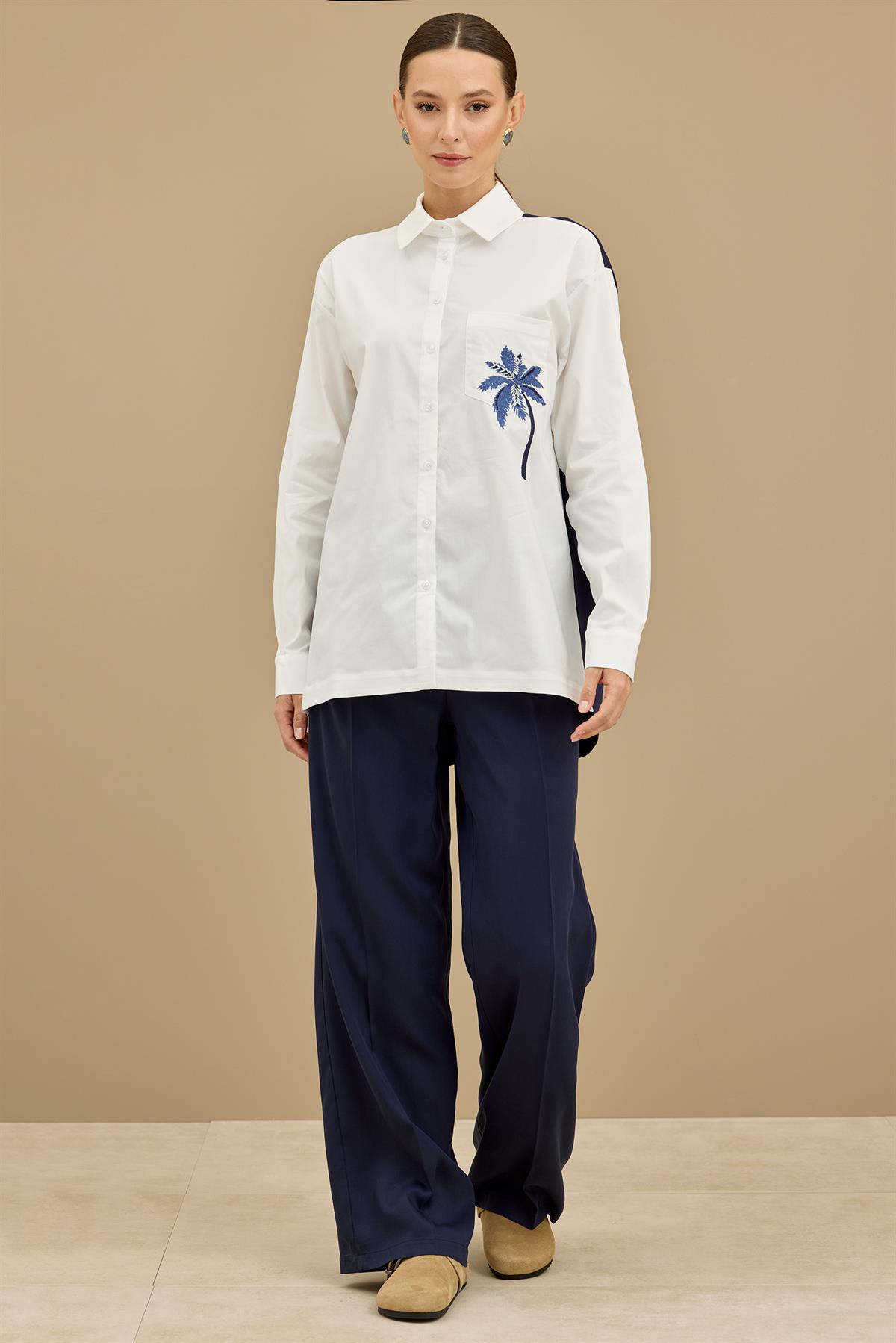 Palmiye Nakışlı Poplin Kombinli Takım LACİVERT