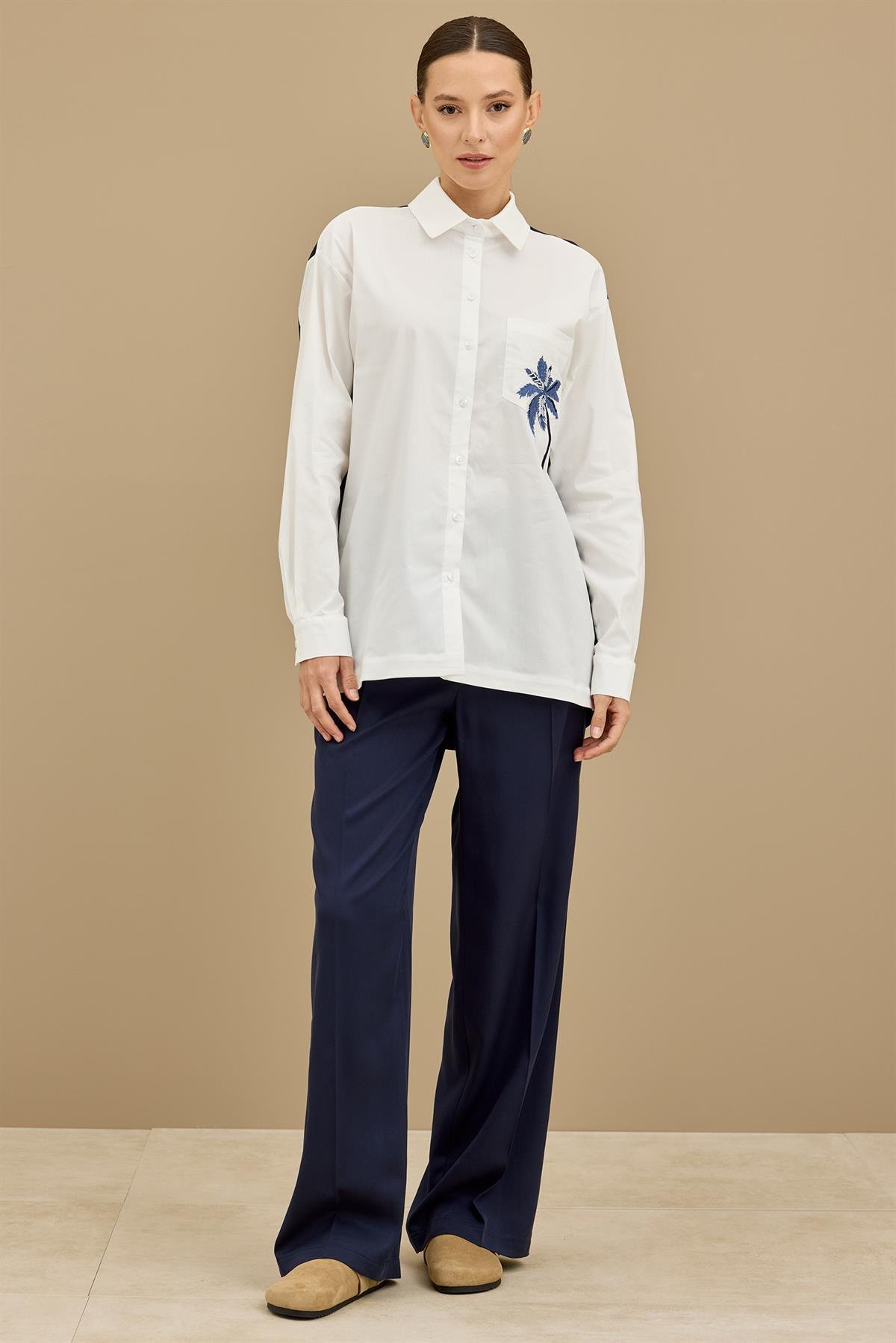 Palmiye Nakışlı Poplin Kombinli Takım LACİVERT