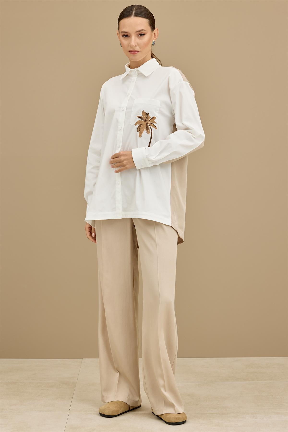 Palmiye Nakışlı Poplin Kombinli Takım BEJ