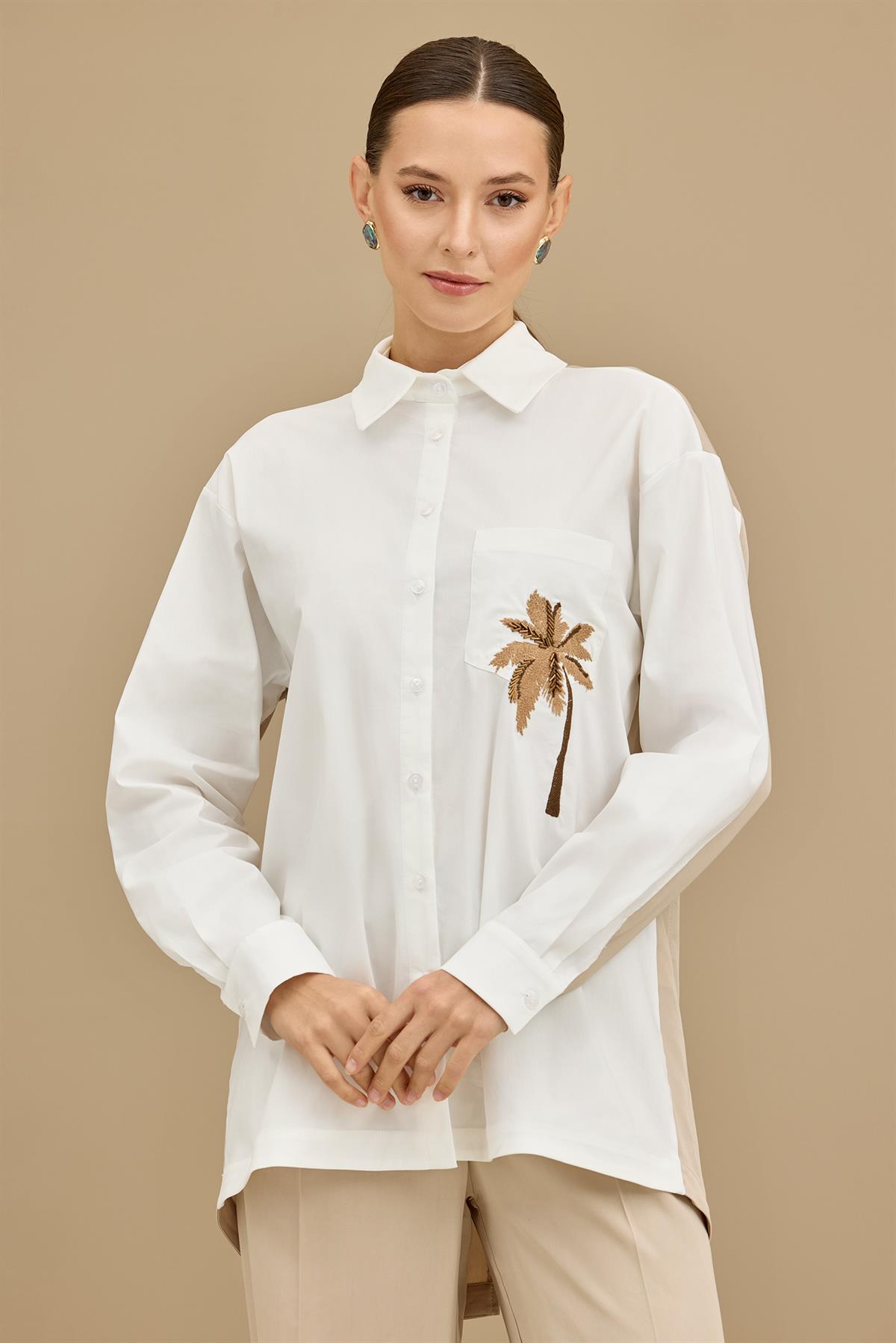 Palmiye Nakışlı Poplin Kombinli Takım BEJ