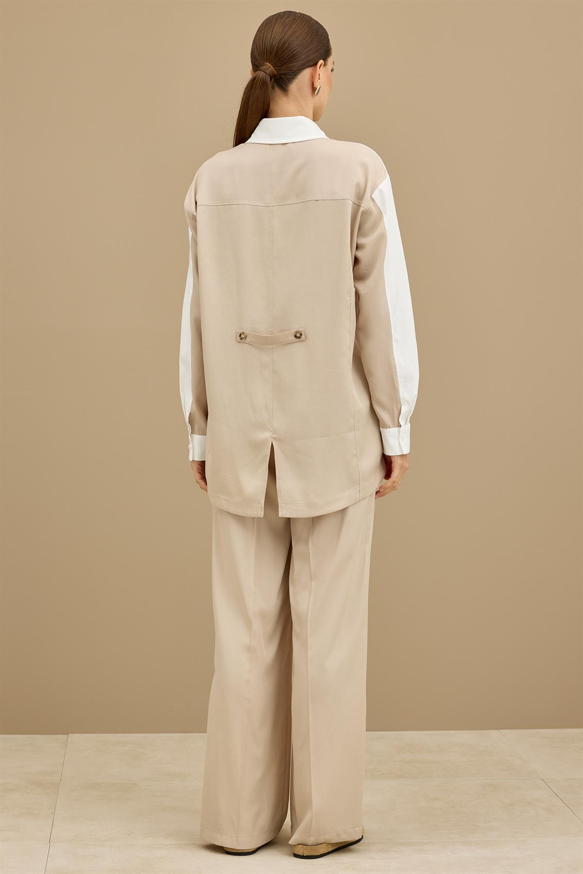 Palmiye Nakışlı Poplin Kombinli Takım BEJ