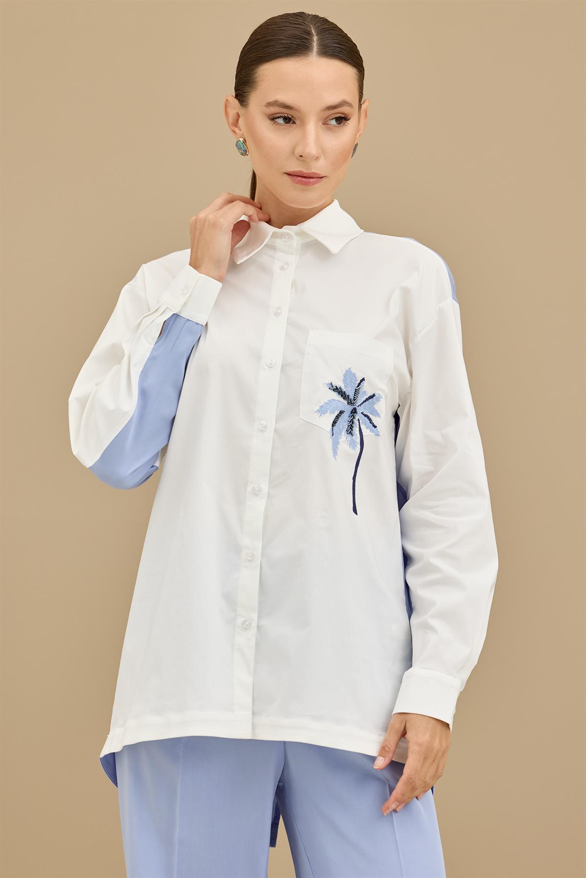 Palmiye Nakışlı Poplin Kombinli Takım MAVİ