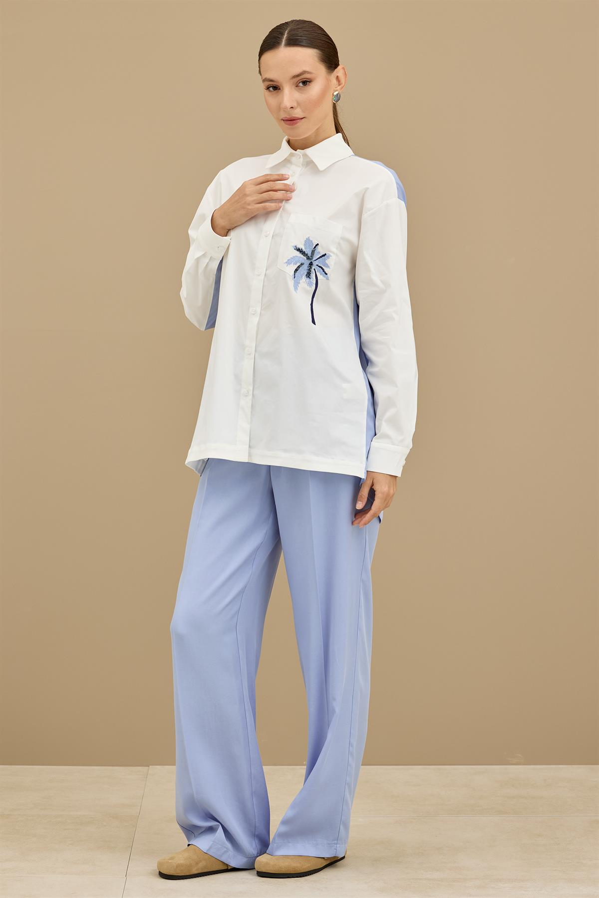 Palmiye Nakışlı Poplin Kombinli Takım MAVİ