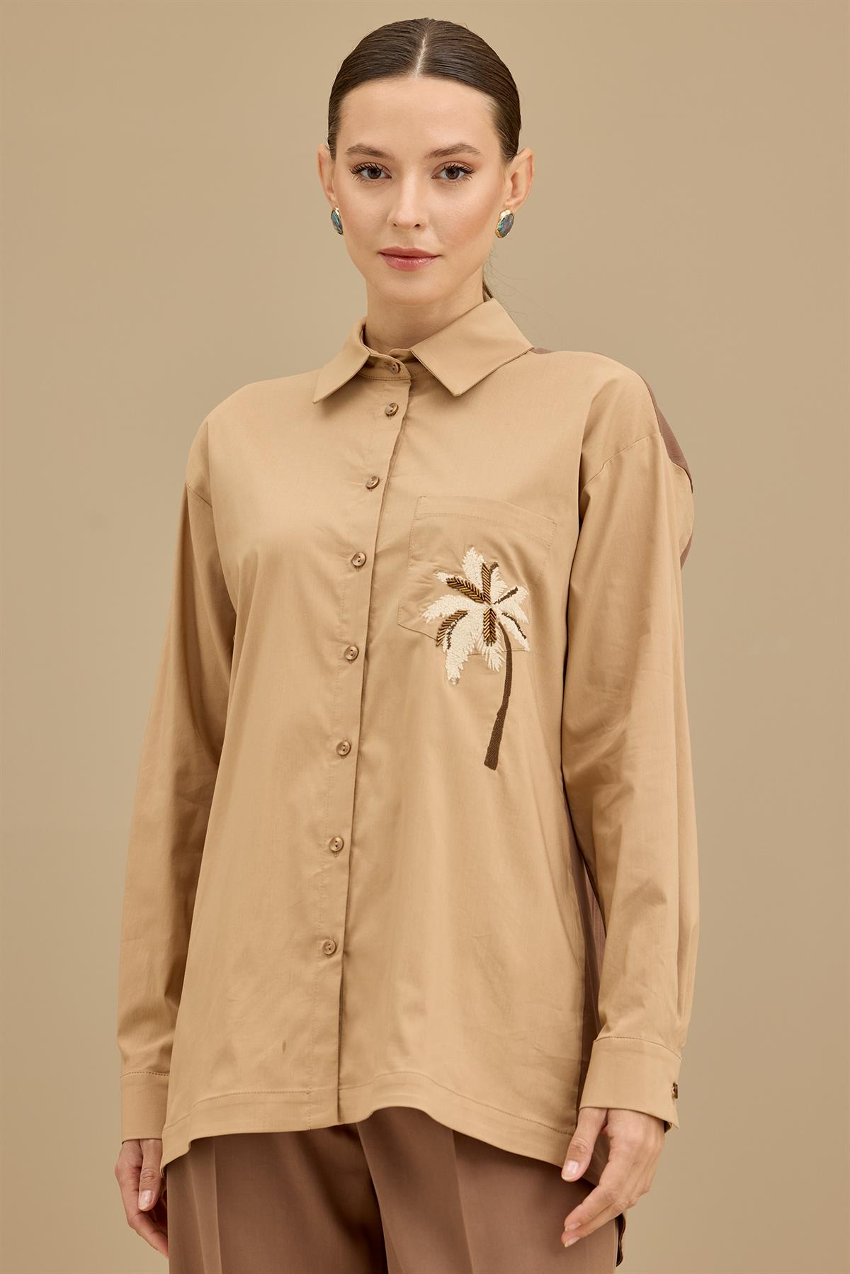 Palmiye Nakışlı Poplin Kombinli Takım MOCHA