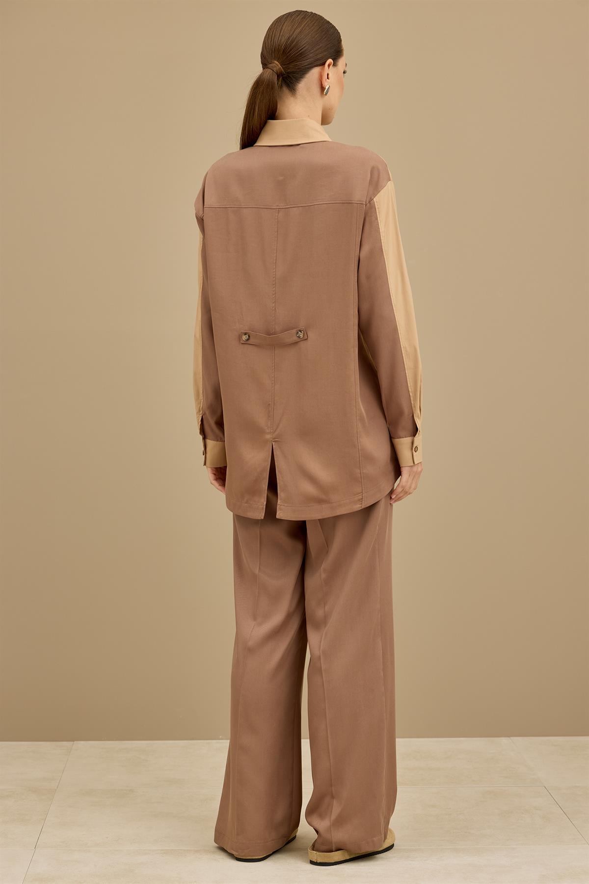 Palmiye Nakışlı Poplin Kombinli Takım MOCHA