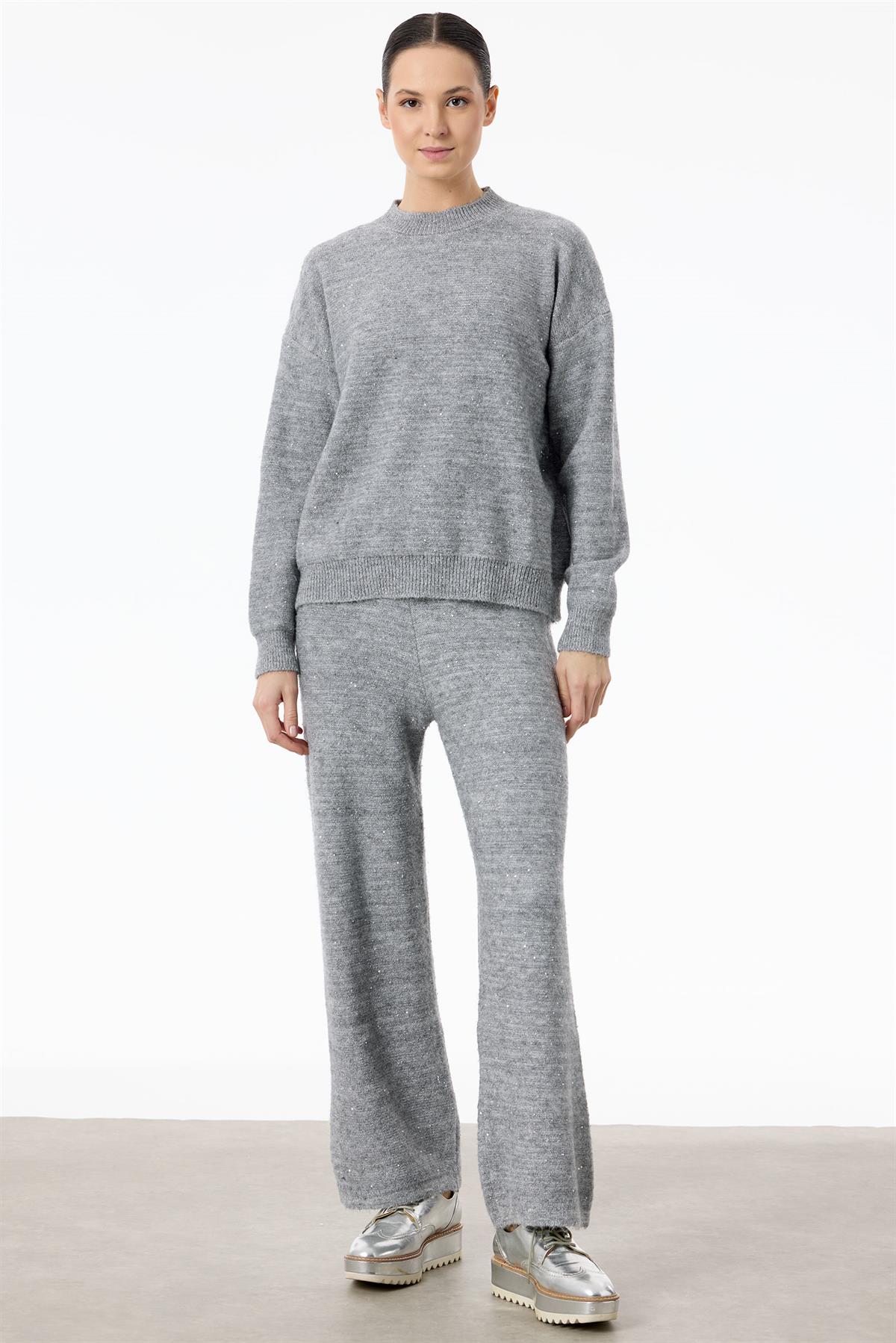 Payetli Pantolonlu Triko Takım GRİ