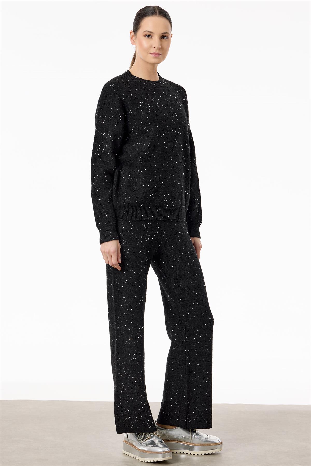 Payetli Pantolonlu Triko Takım SİYAH