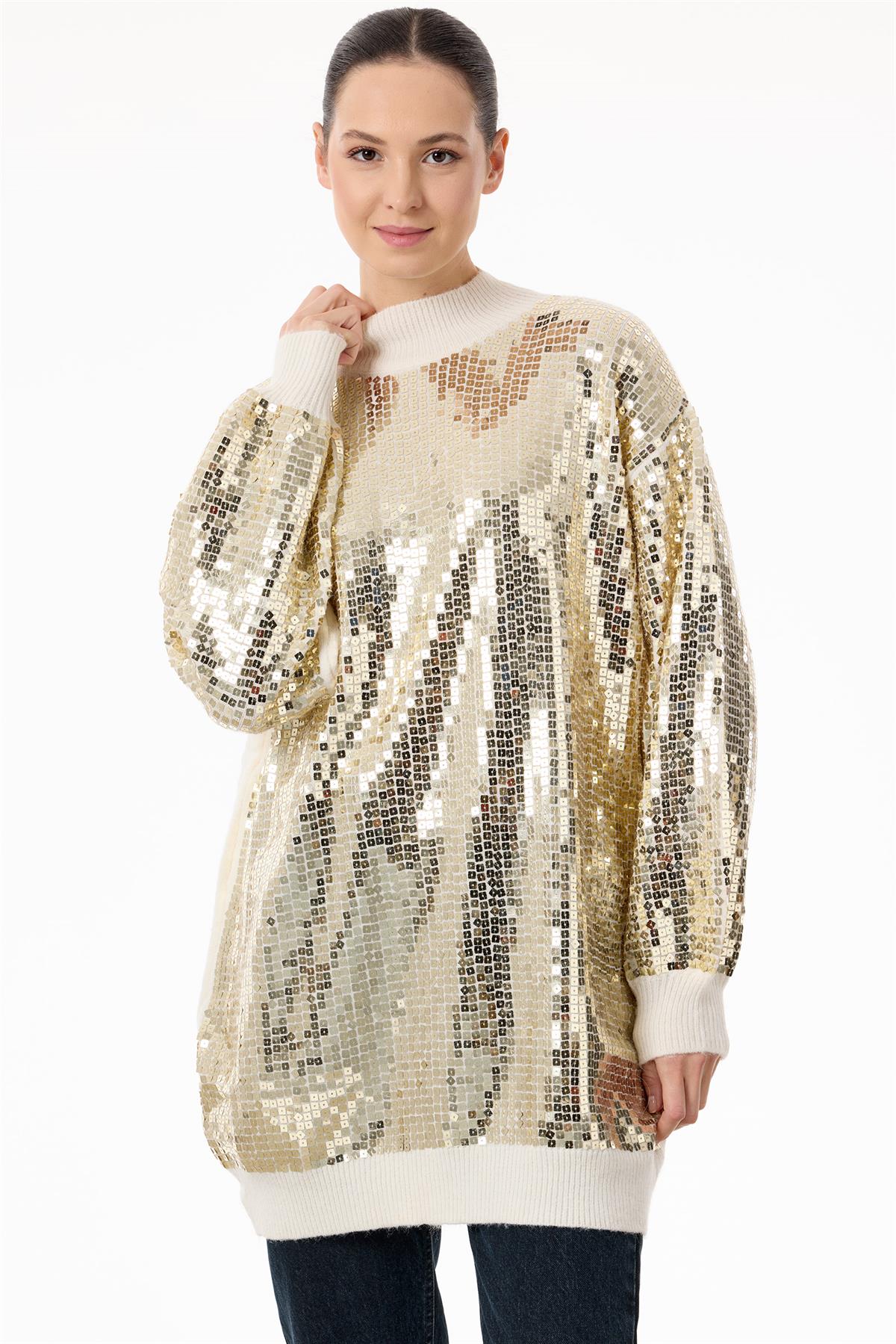 Payetli Yarım Balıkçı Triko Tunik BEJ/GOLD