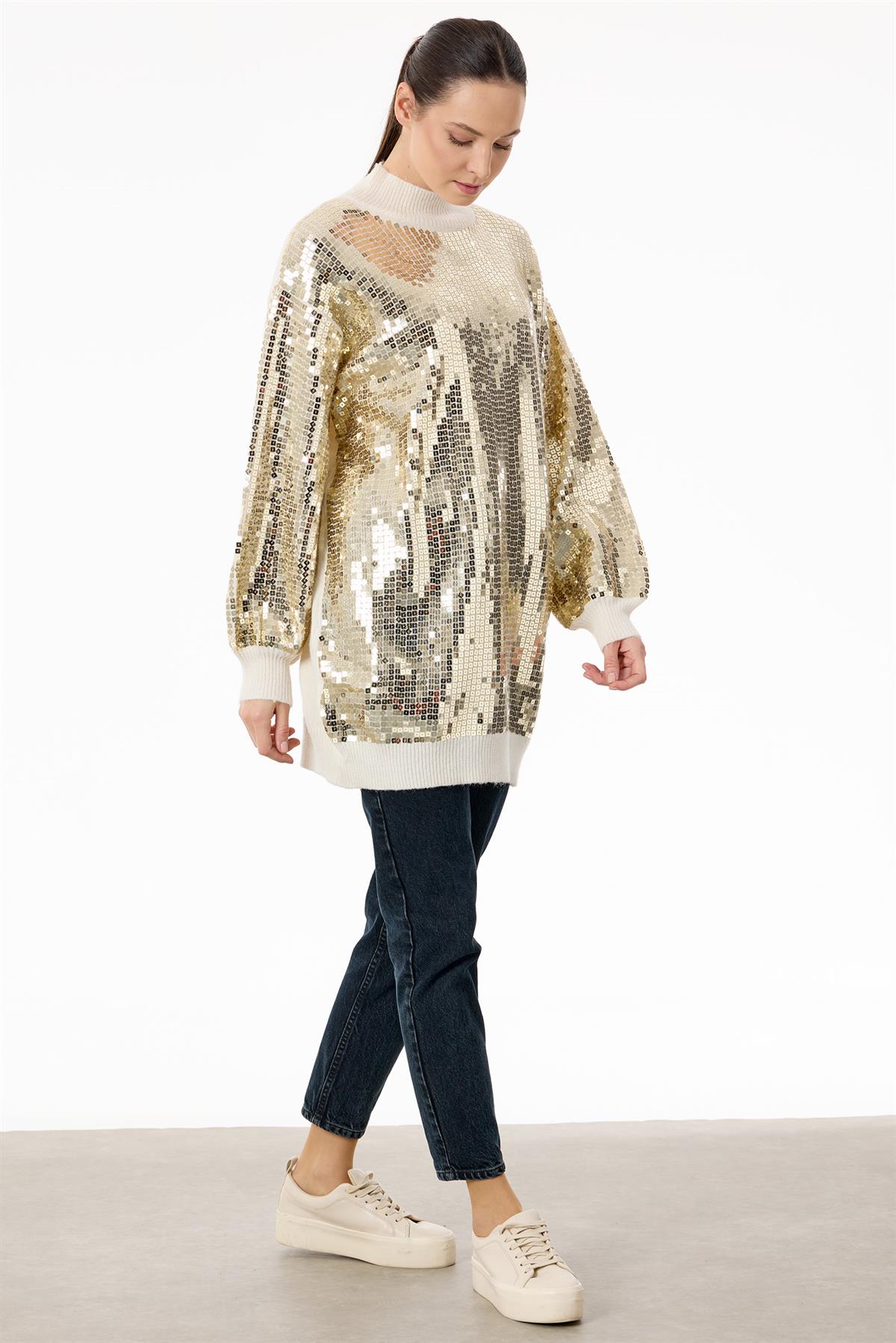 Payetli Yarım Balıkçı Triko Tunik BEJ/GOLD