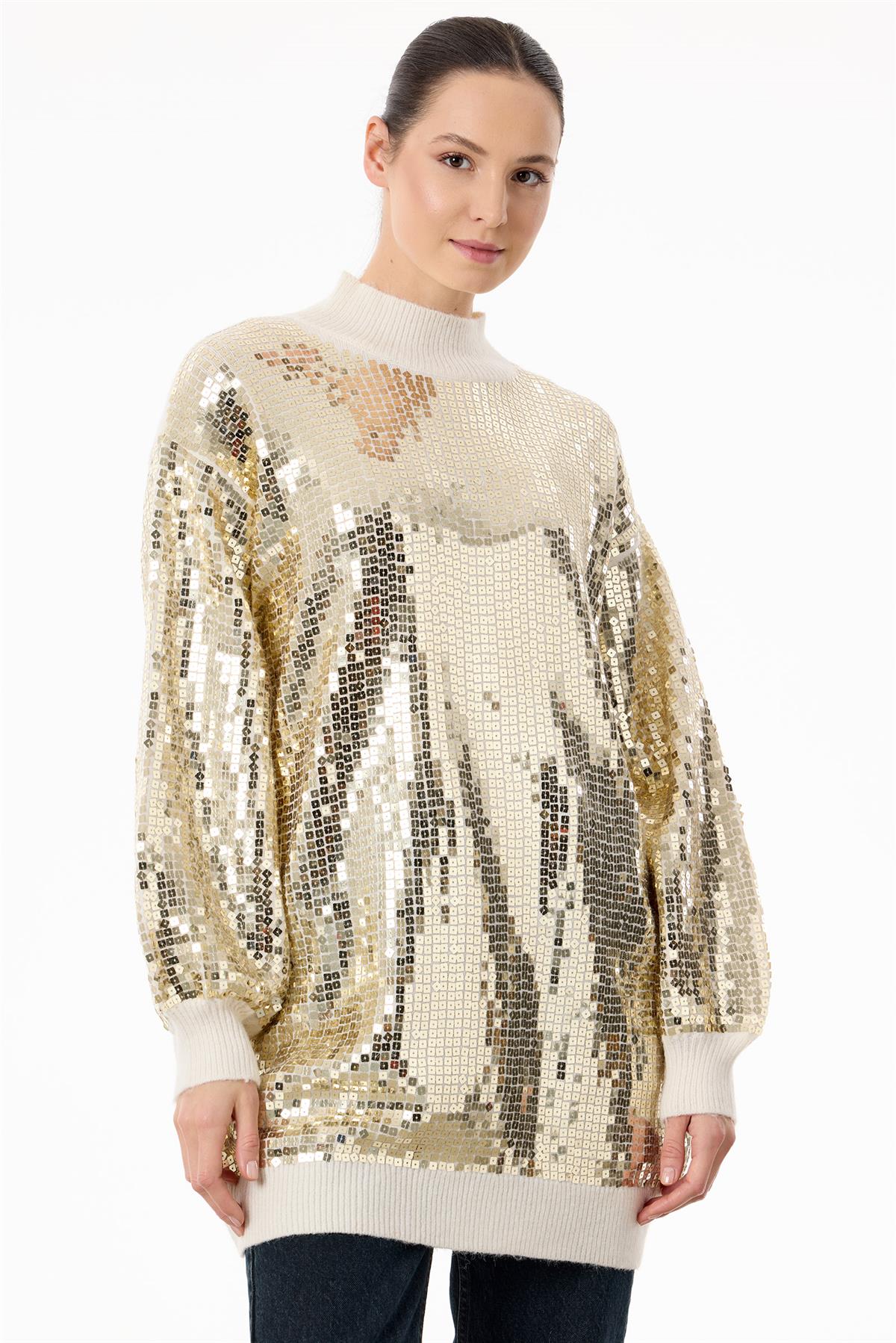 Payetli Yarım Balıkçı Triko Tunik BEJ/GOLD